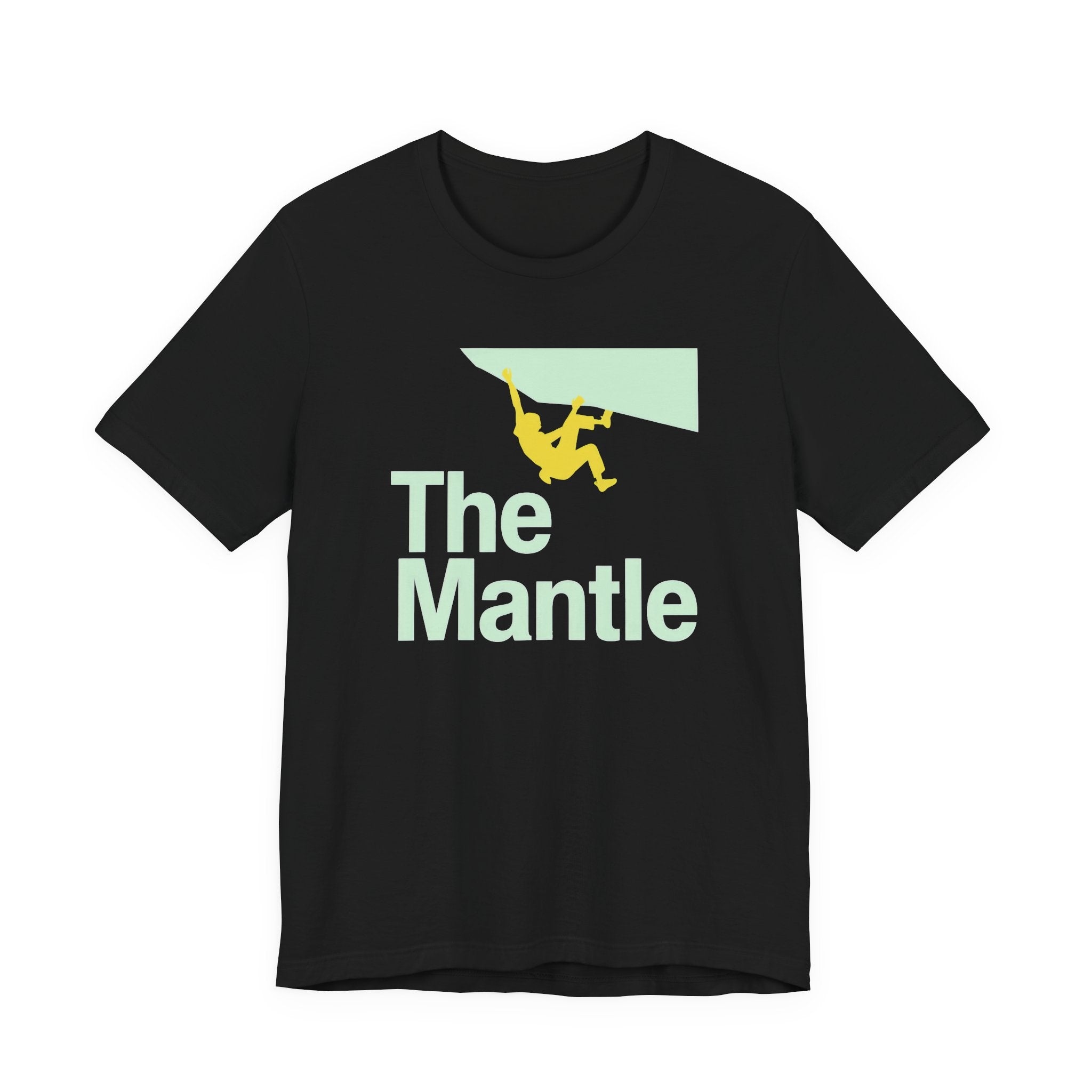 Black t-shirt with 'The Mantle' graphic design on a white background