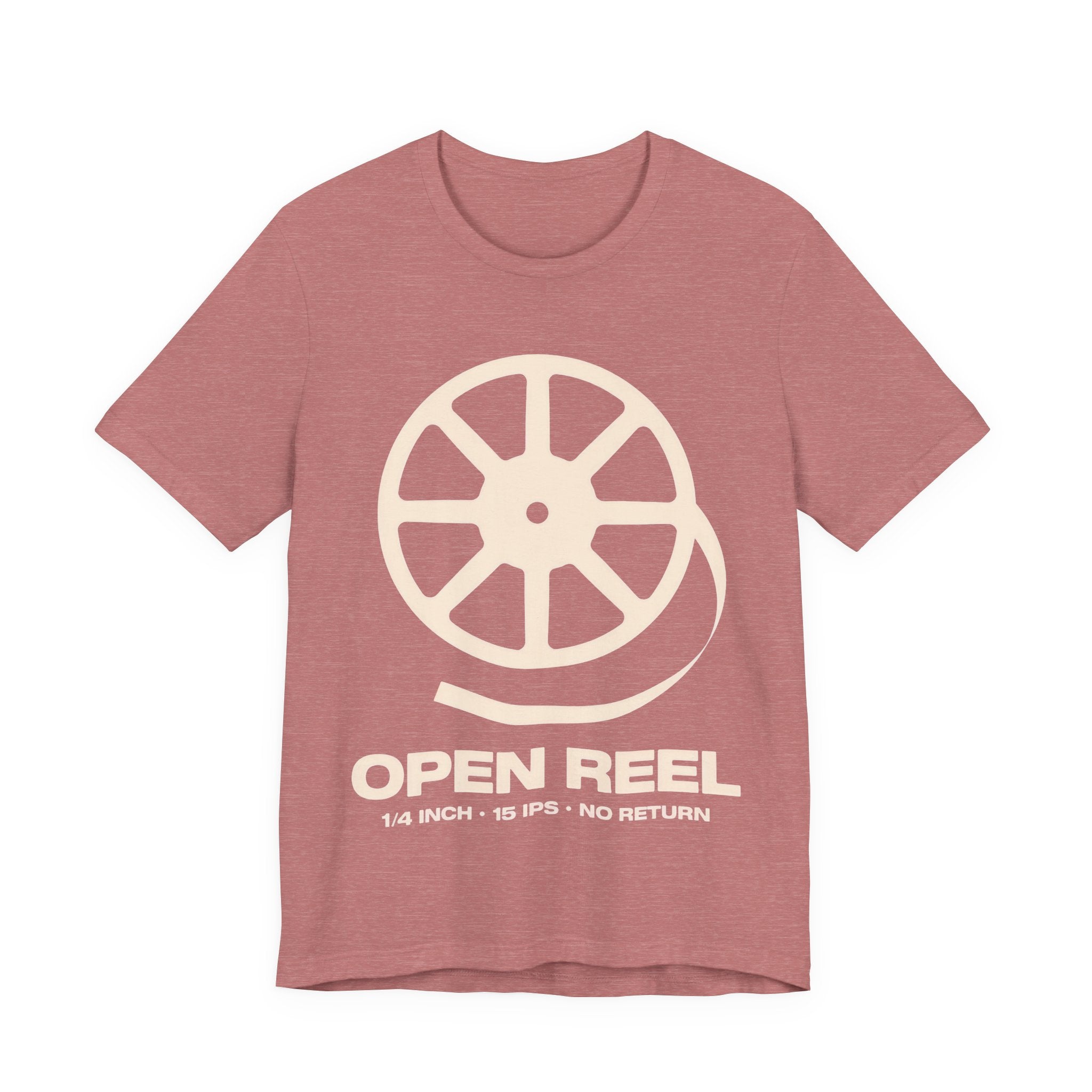 Red t-shirt with a white reel-to-reel tape graphic and text on a white background