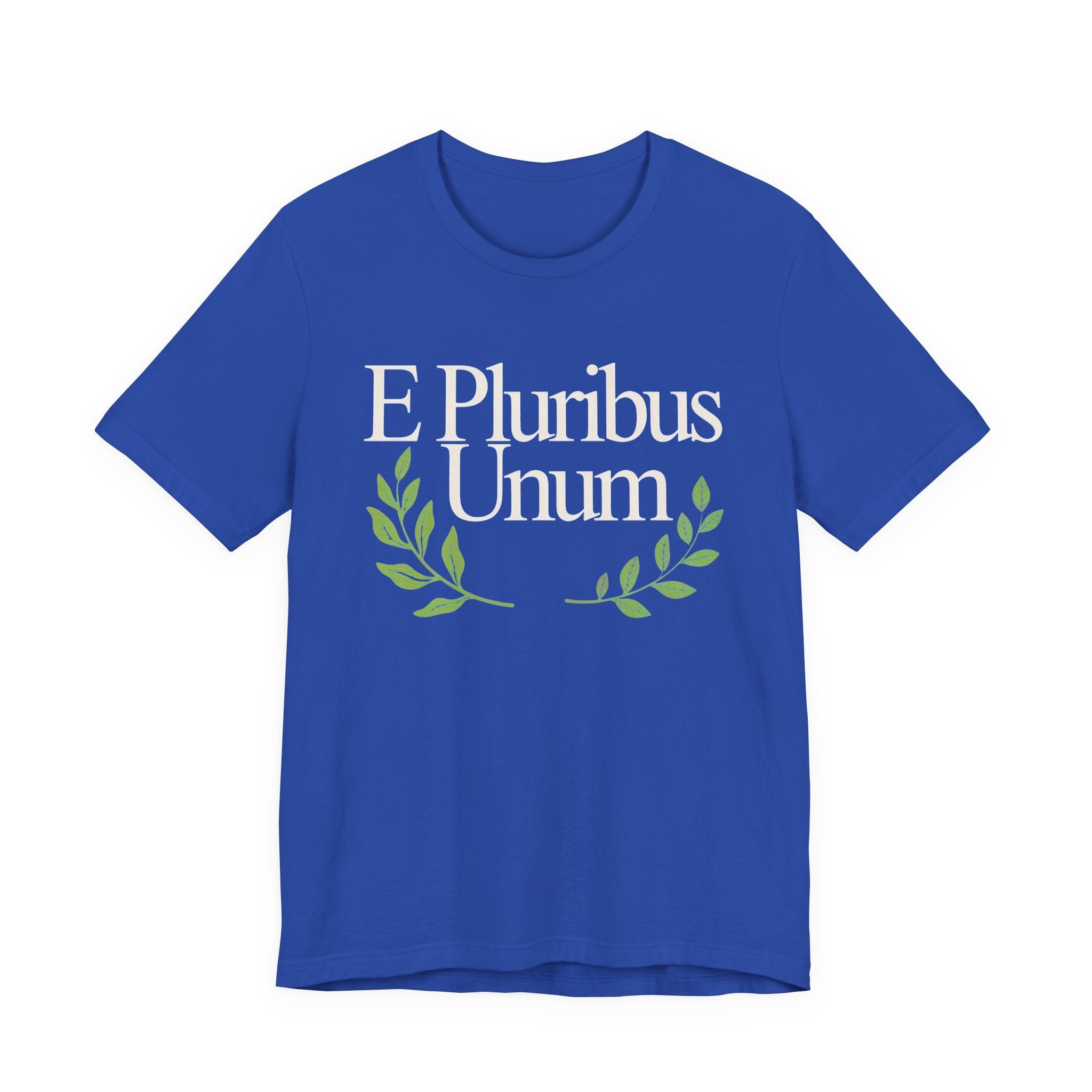 Blue t-shirt with 'E Pluribus Unum' text 