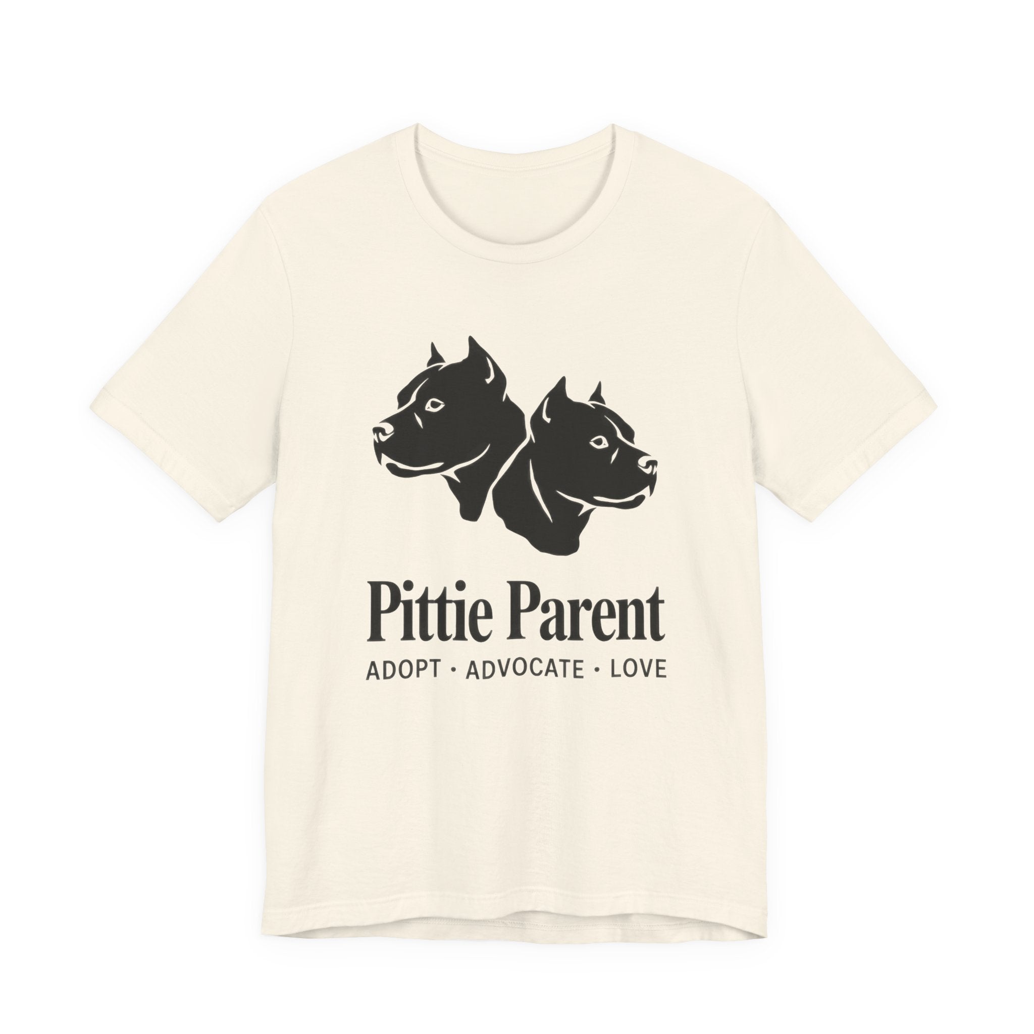 Beige t-shirt with black dog illustration and 'Pittie Parent' text on a white background