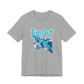 Gray t-shirt with a graphic of a climber and 'Top Out' text on a white background