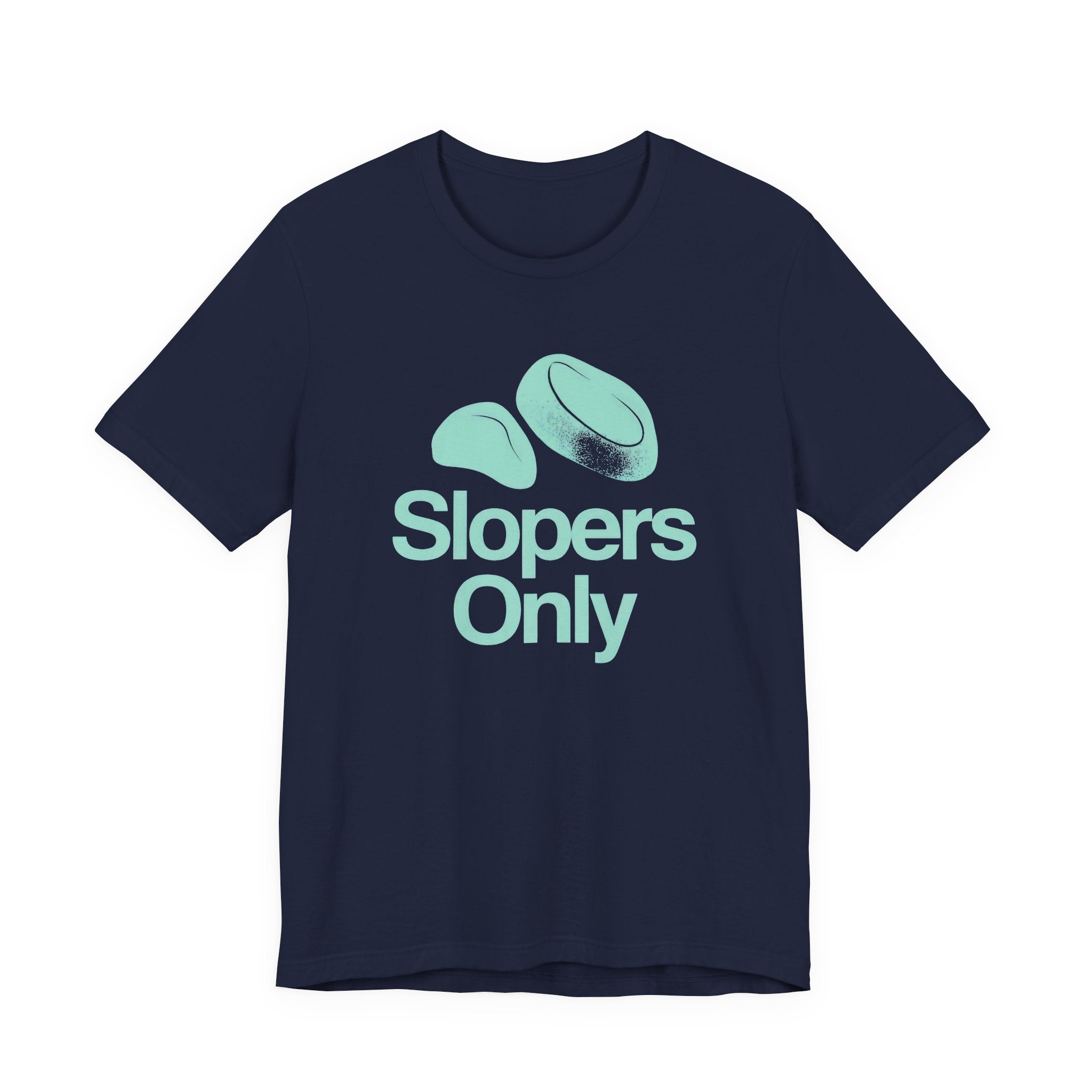 Navy t-shirt with teal 'Slopers Only' graphic and text on a white background