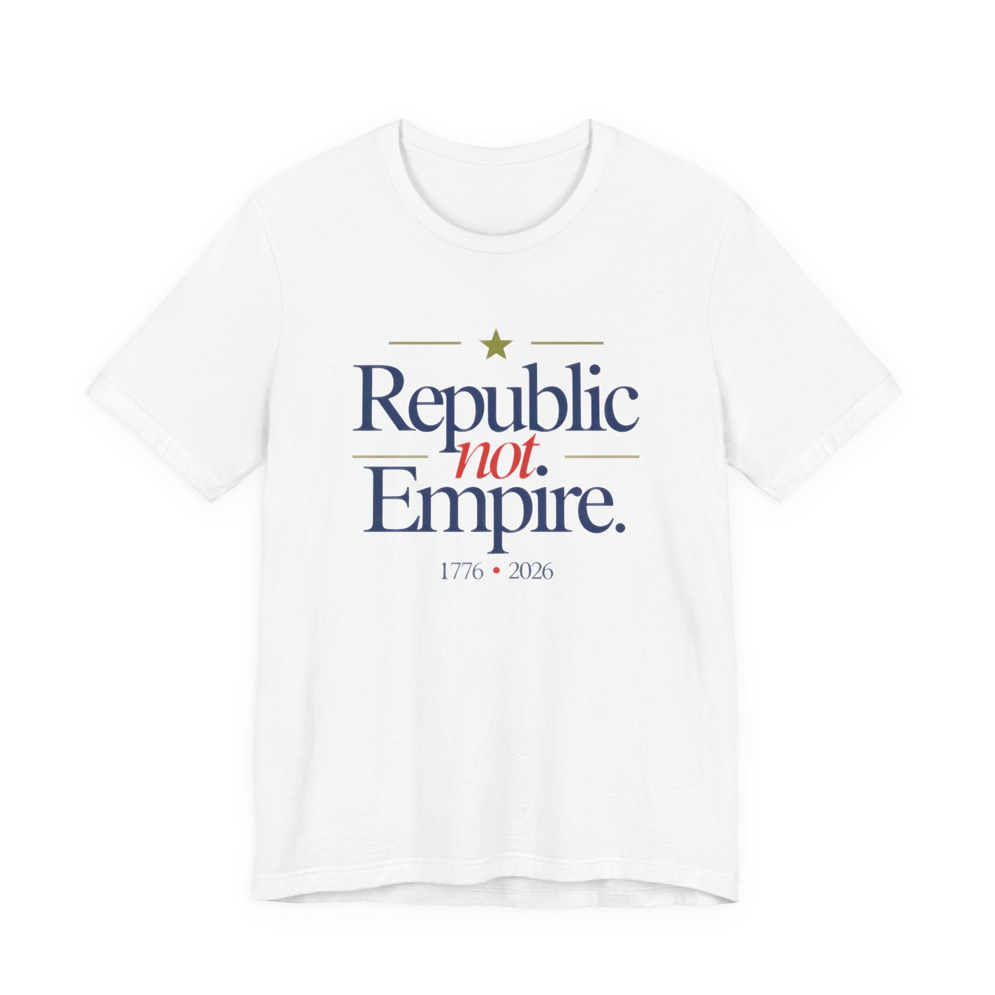 White t-shirt with 'Republic not Empire' text on a white background