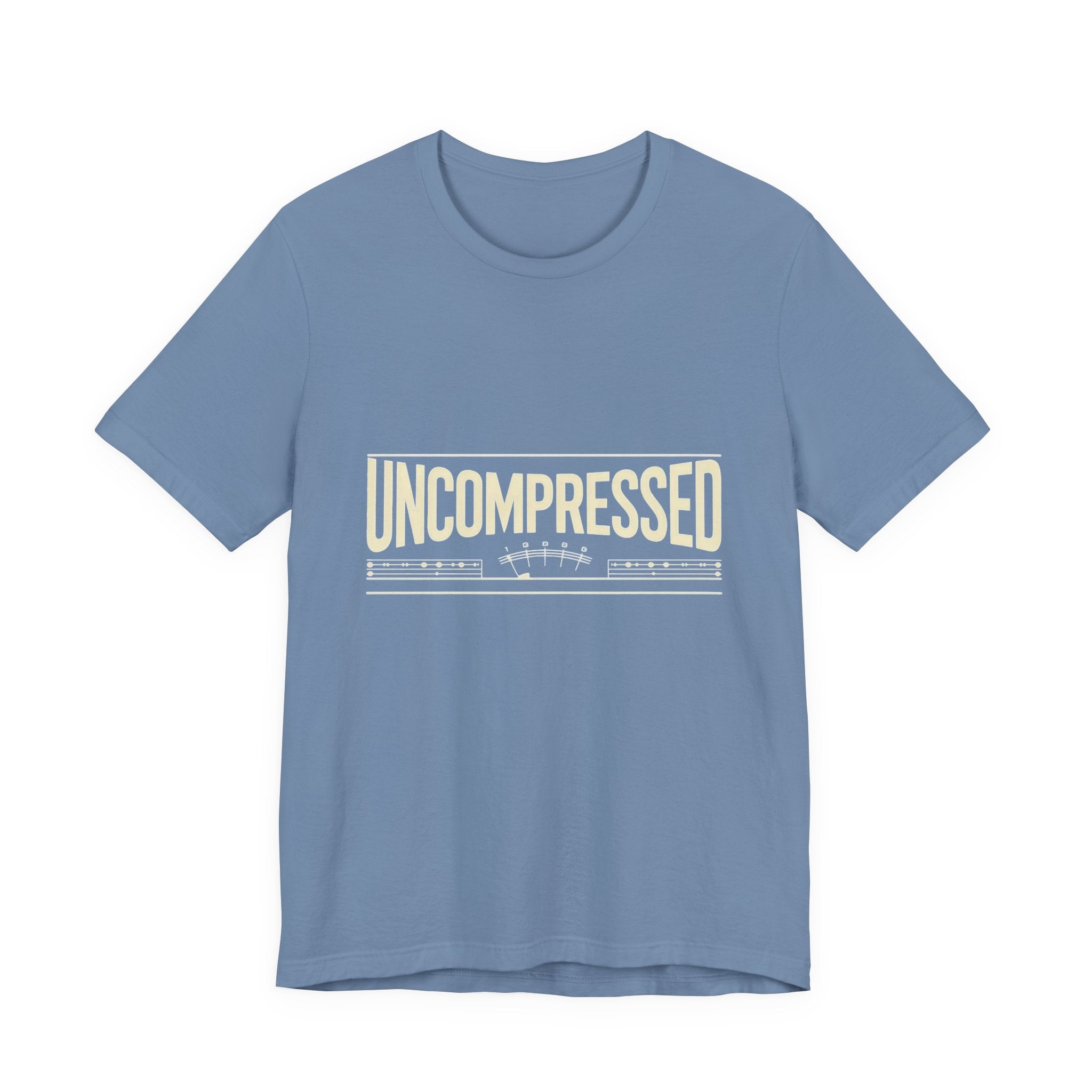 Blue t-shirt with 'UNCOMPRESSED' text on a white background