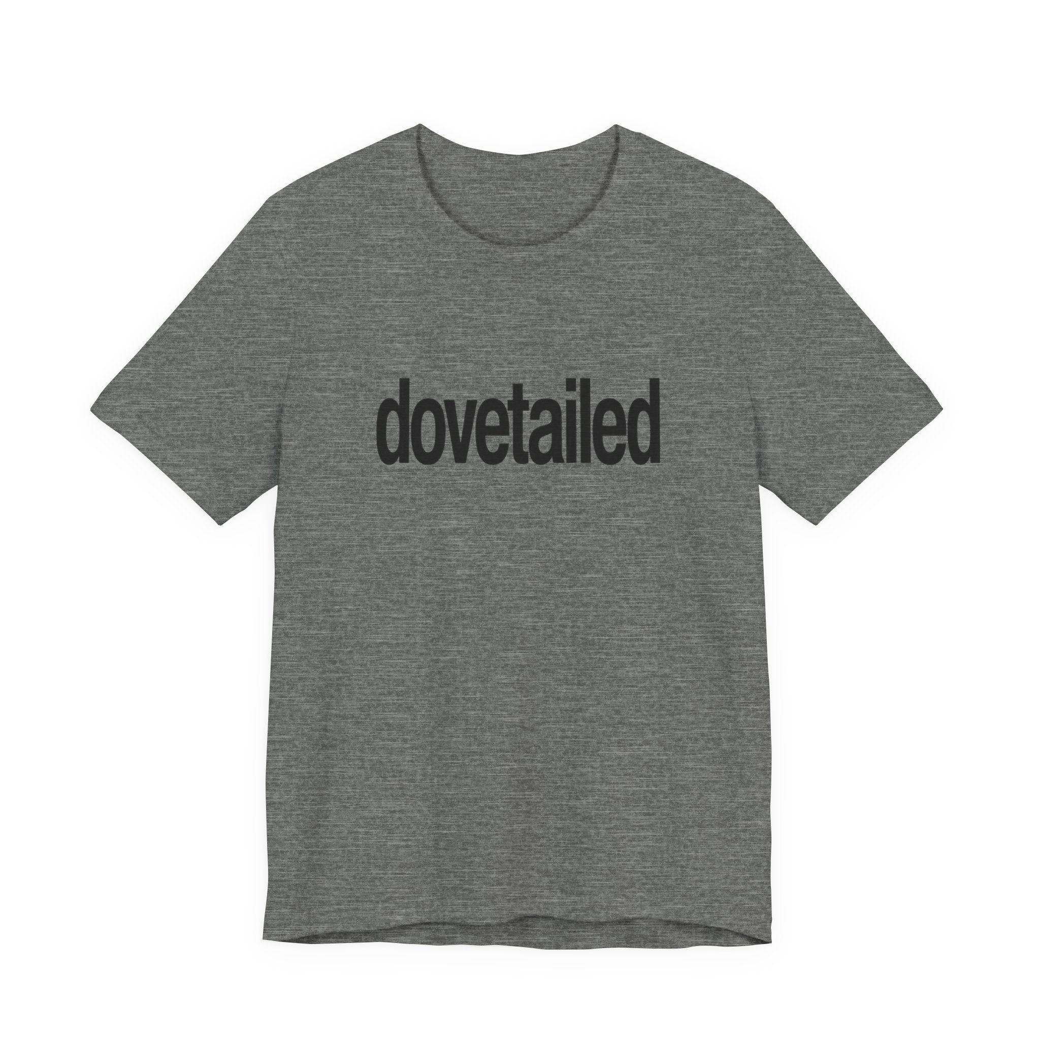 Grey t-shirt with 'dovetailed' text on a white background