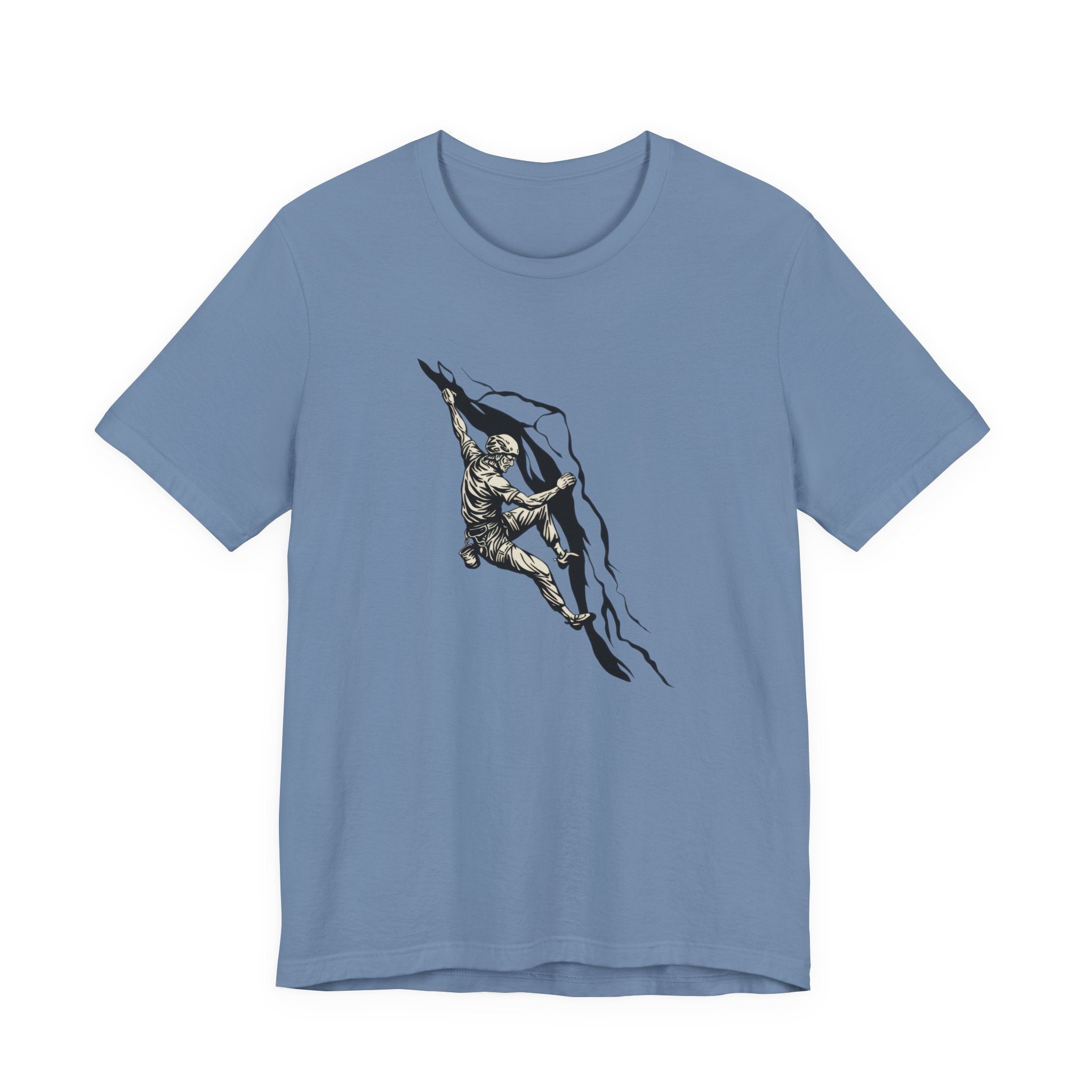 Blue t-shirt with black climbing graphic design on a white background