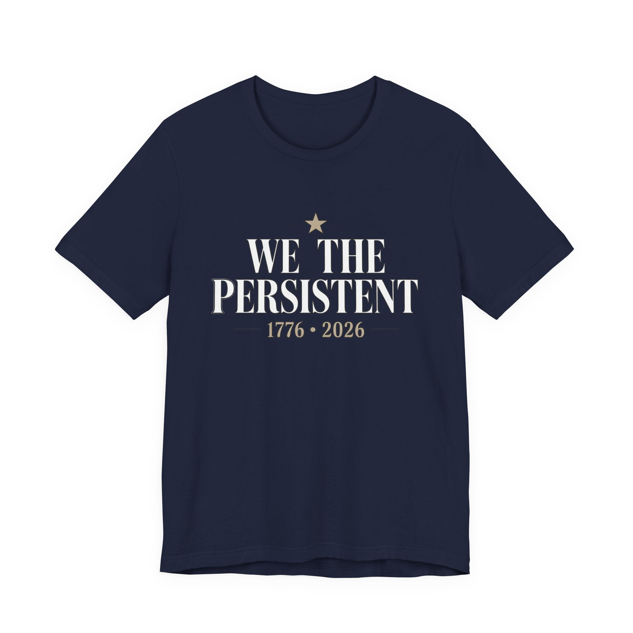 Navy t-shirt with 'We the Persistent' text and star design on a white background