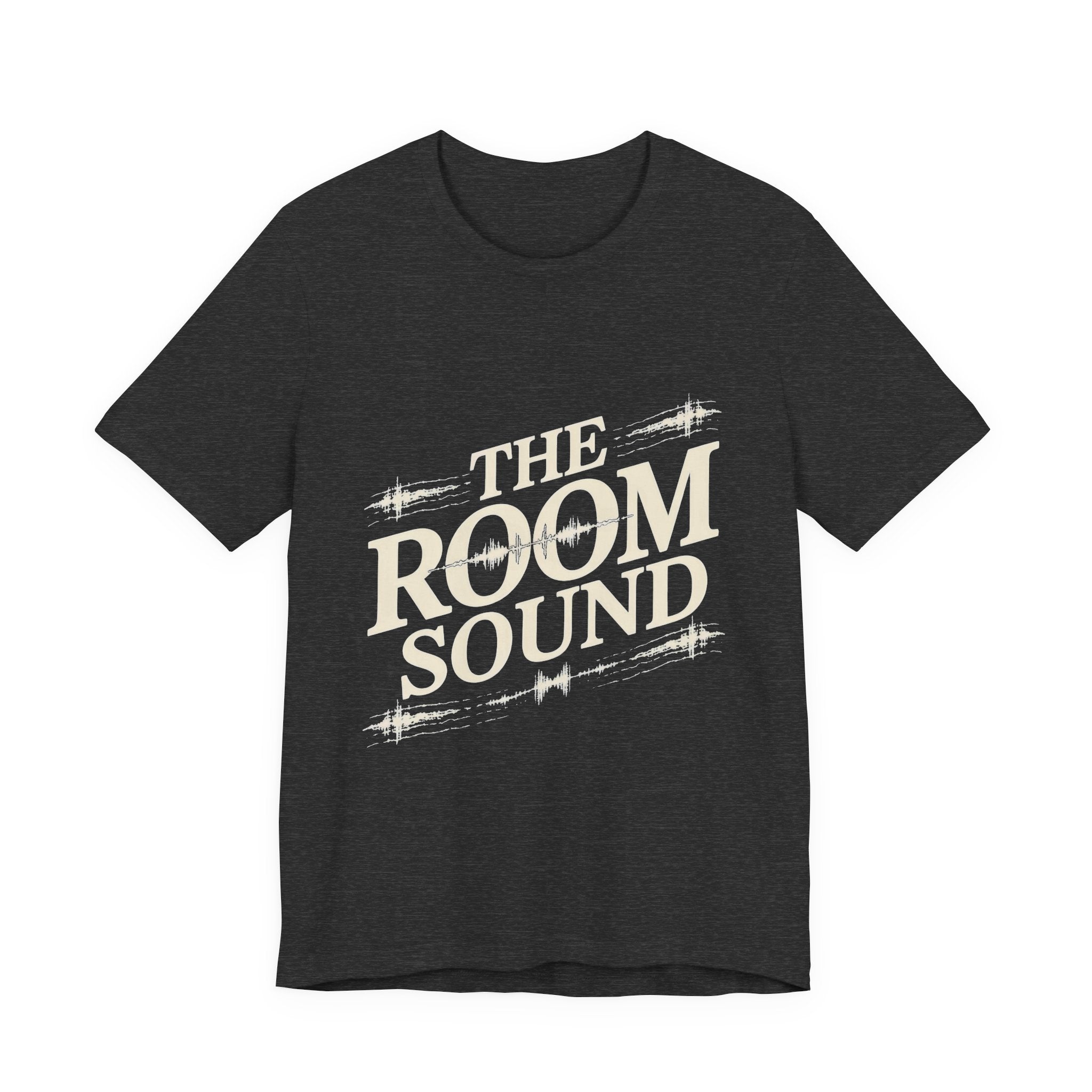 Dark gray t-shirt with 'The Room Sound' text design on a white background