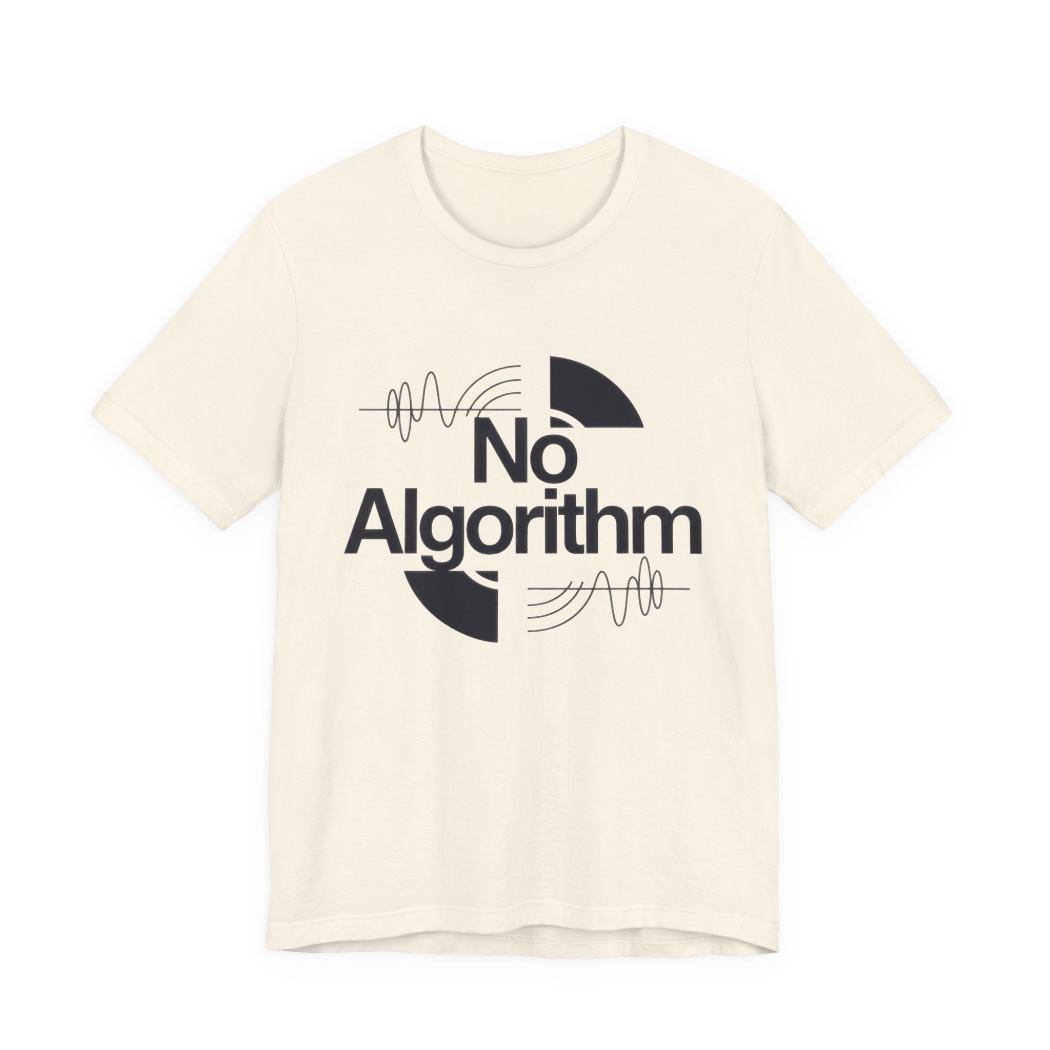 Beige t-shirt with 'No Algorithm' graphic design on a white background