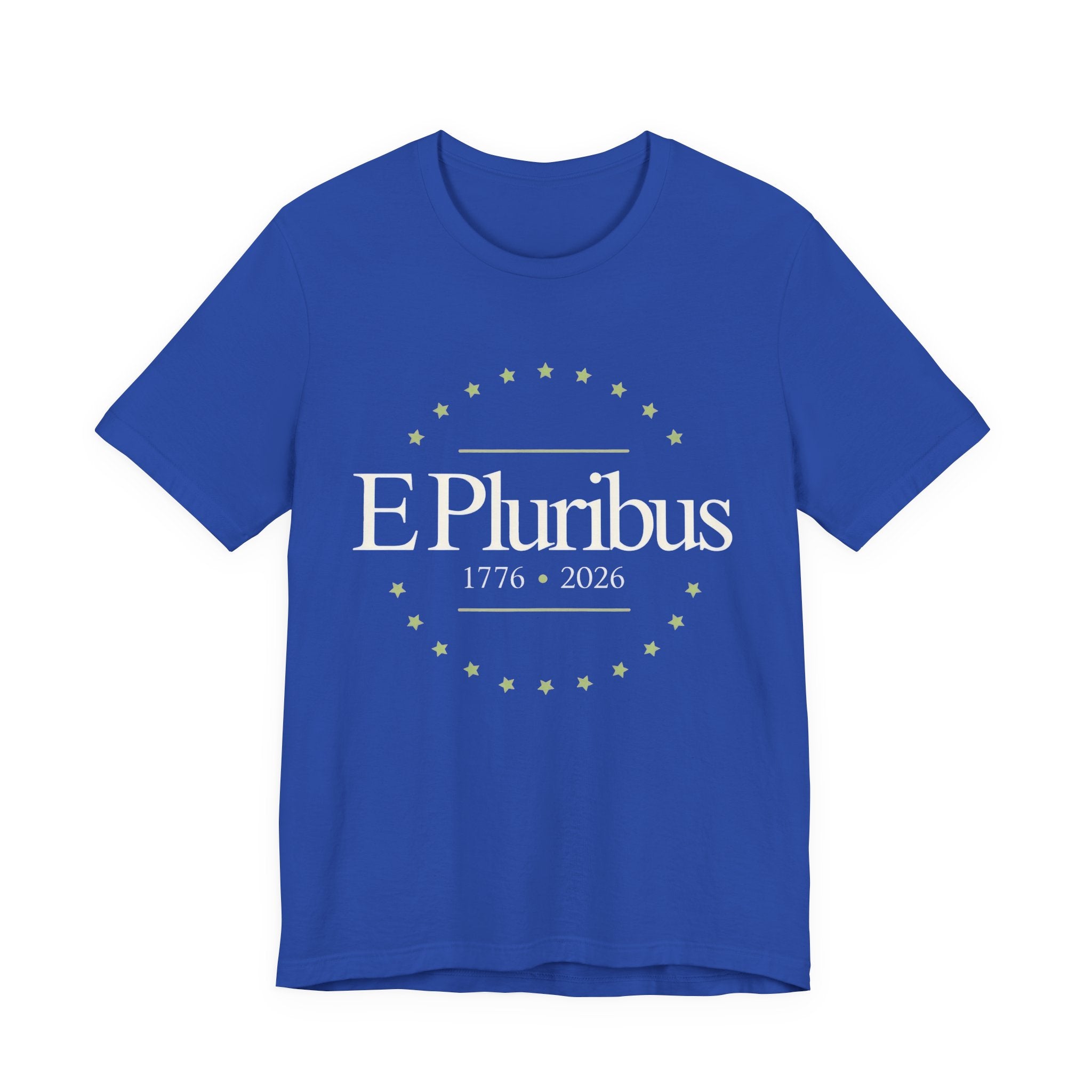 Blue t-shirt with 'E Pluribus 1776-2026' text 