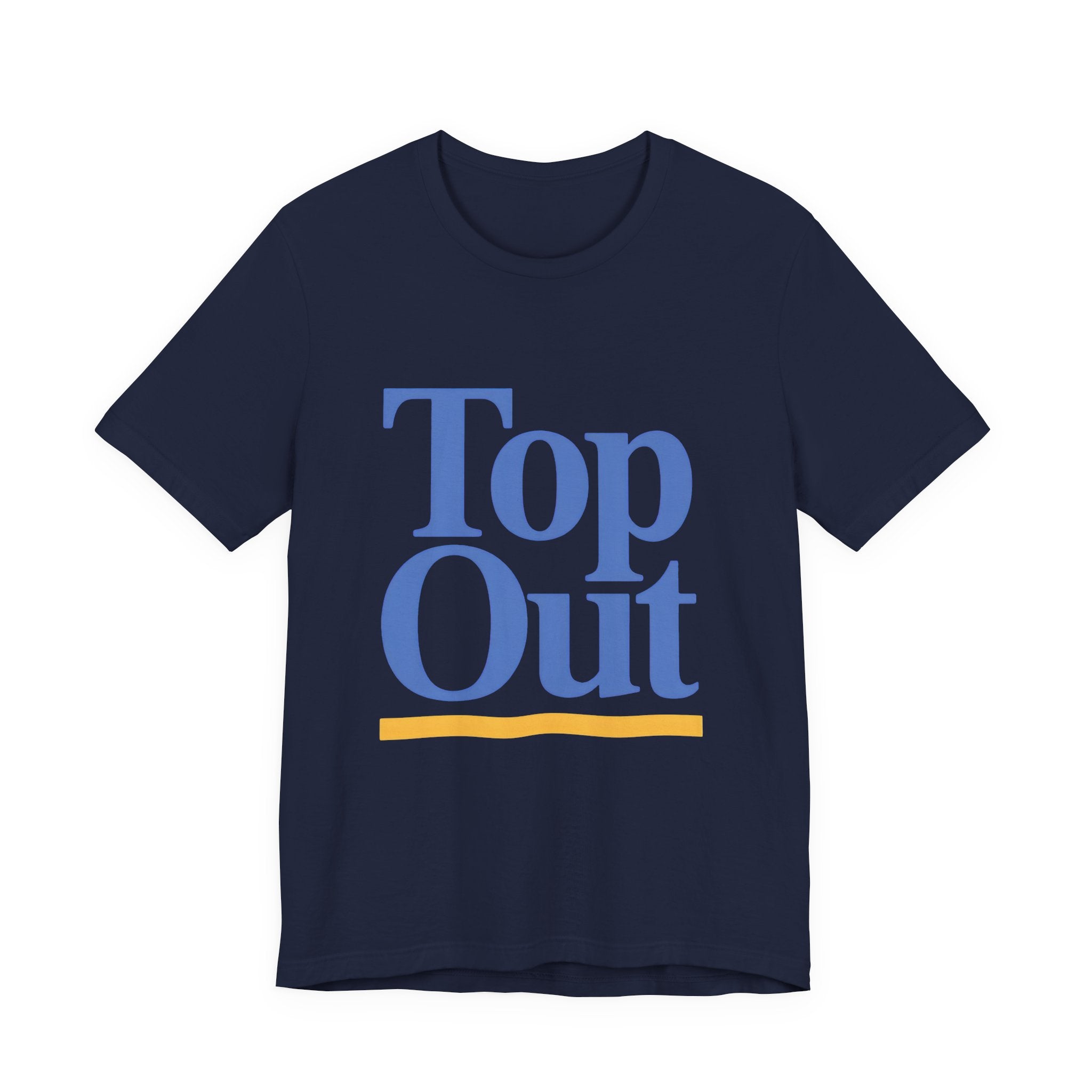 Navy blue t-shirt with 'Top Out' text in blue and yellow on a white background