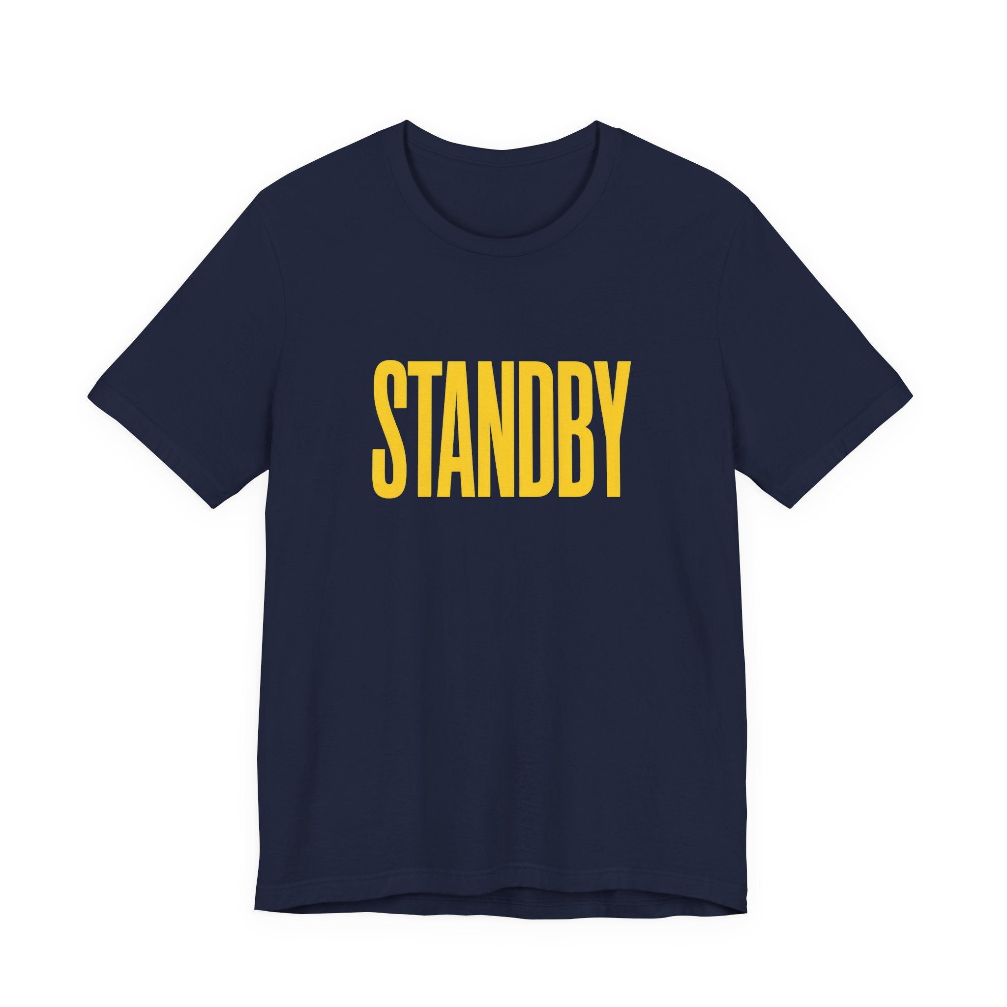Navy t-shirt with yellow 'STANDBY' text on a white background