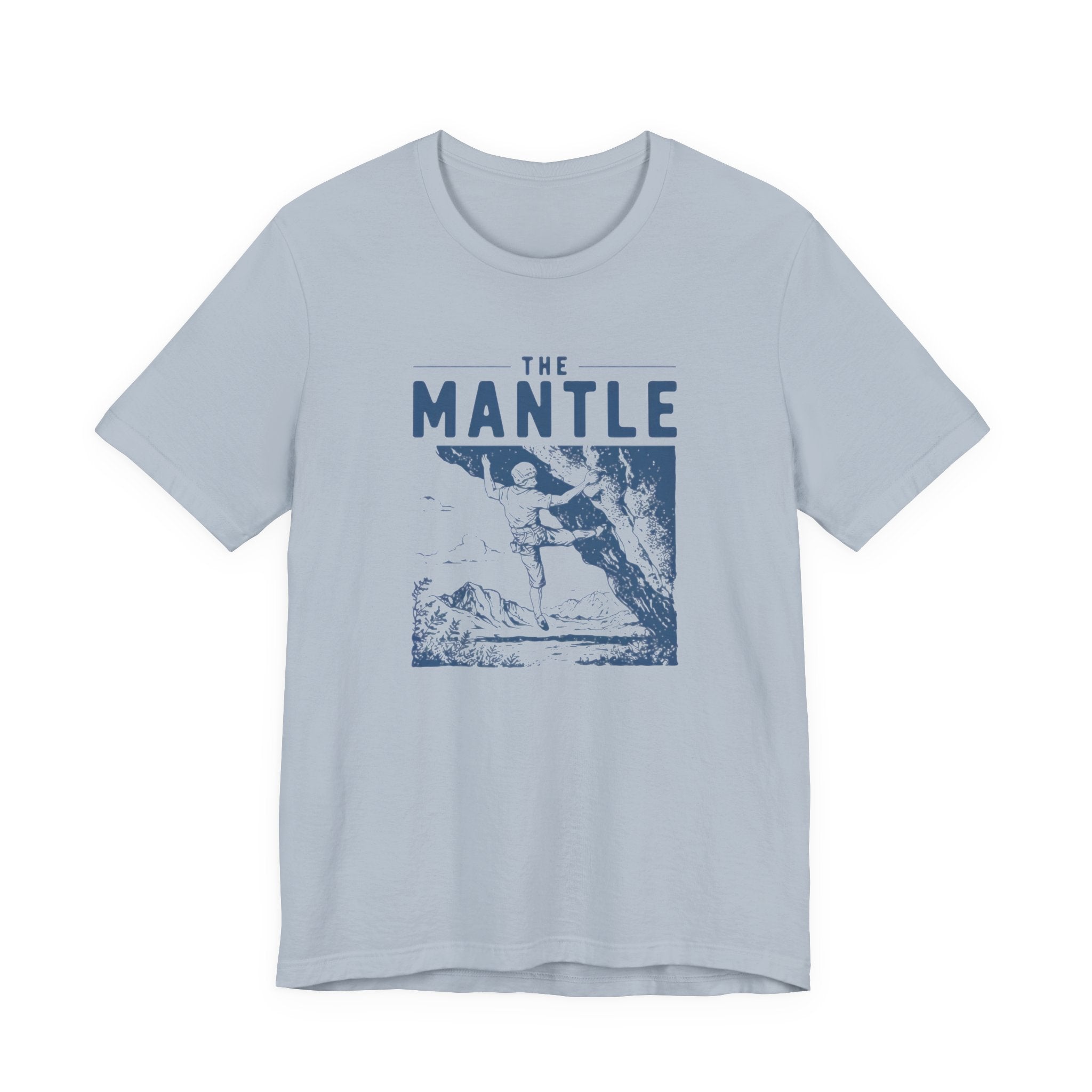 Light blue t-shirt with 'The Mantle' graphic design on a white background