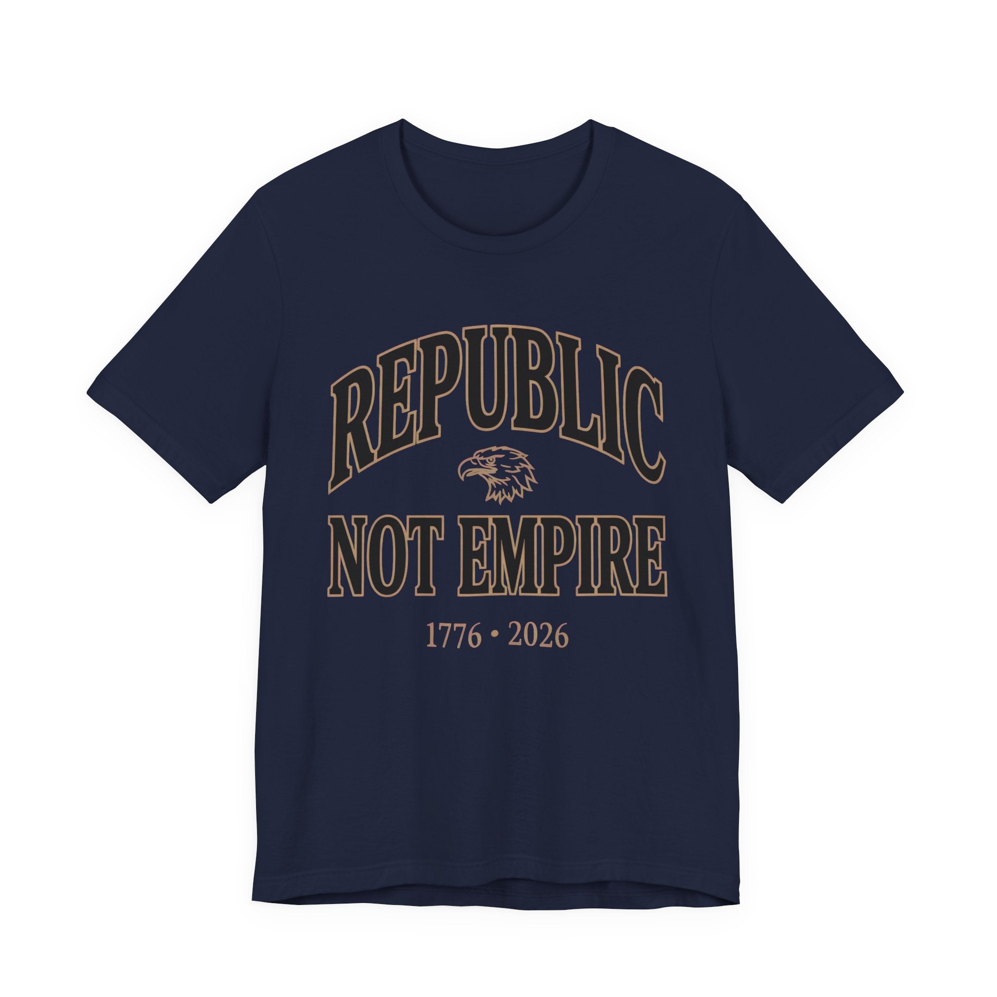 Navy blue t-shirt with 'Republic Not Empire' text and eagle graphic on a white background