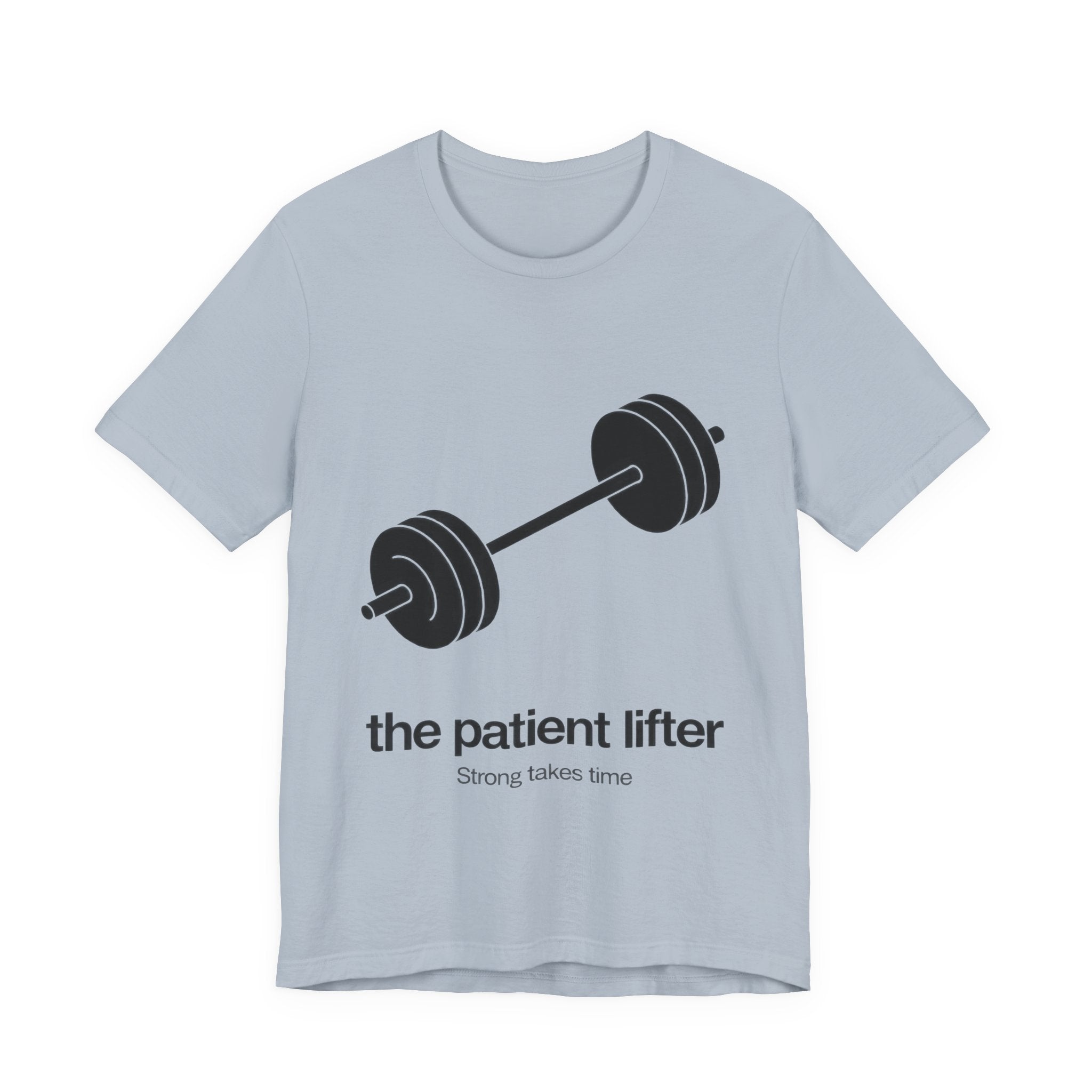 Light blue t-shirt with a barbell graphic and 'the patient lifter' text on a white background