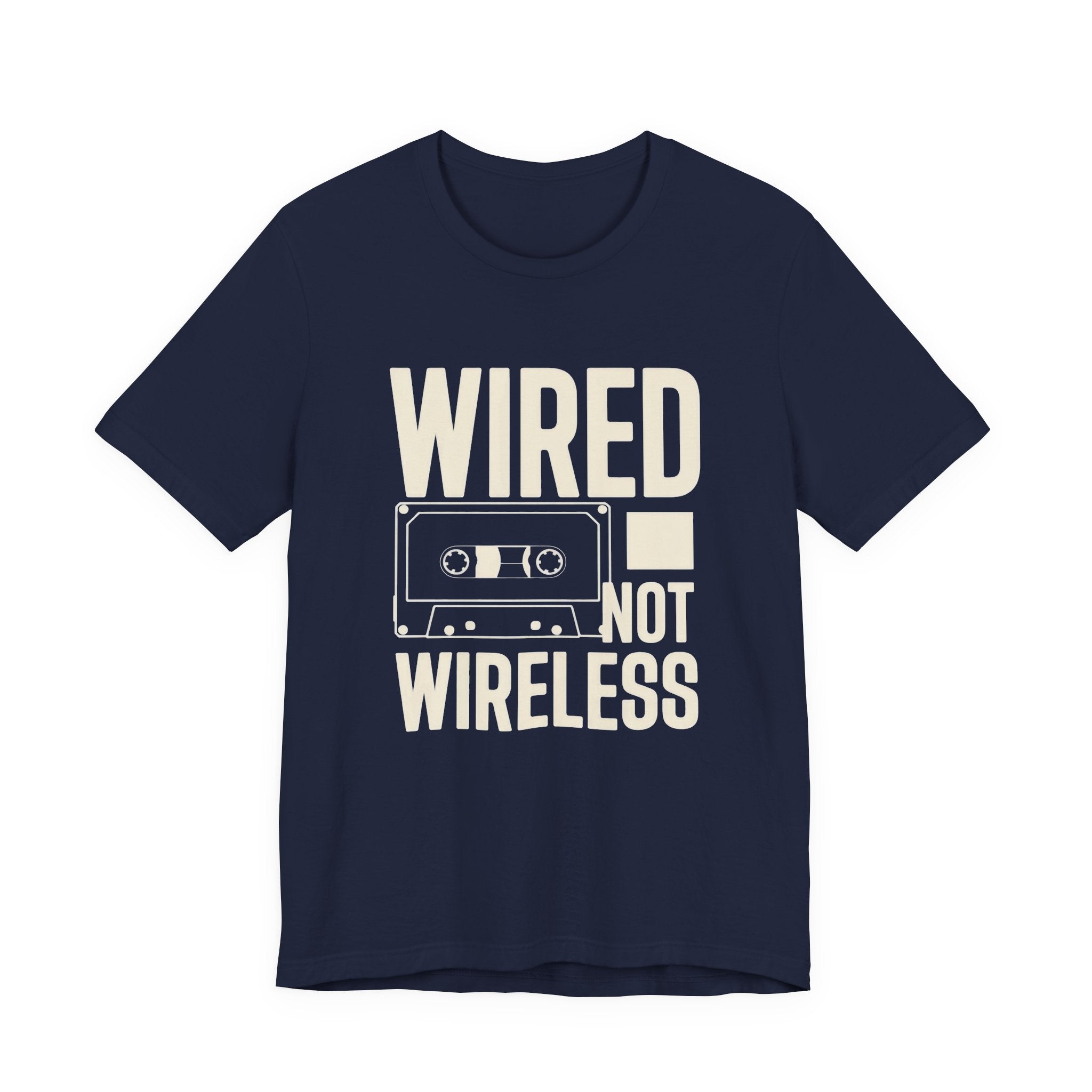 Navy t-shirt with 'WIRED NOT WIRELESS' text and cassette tape graphic on a white background