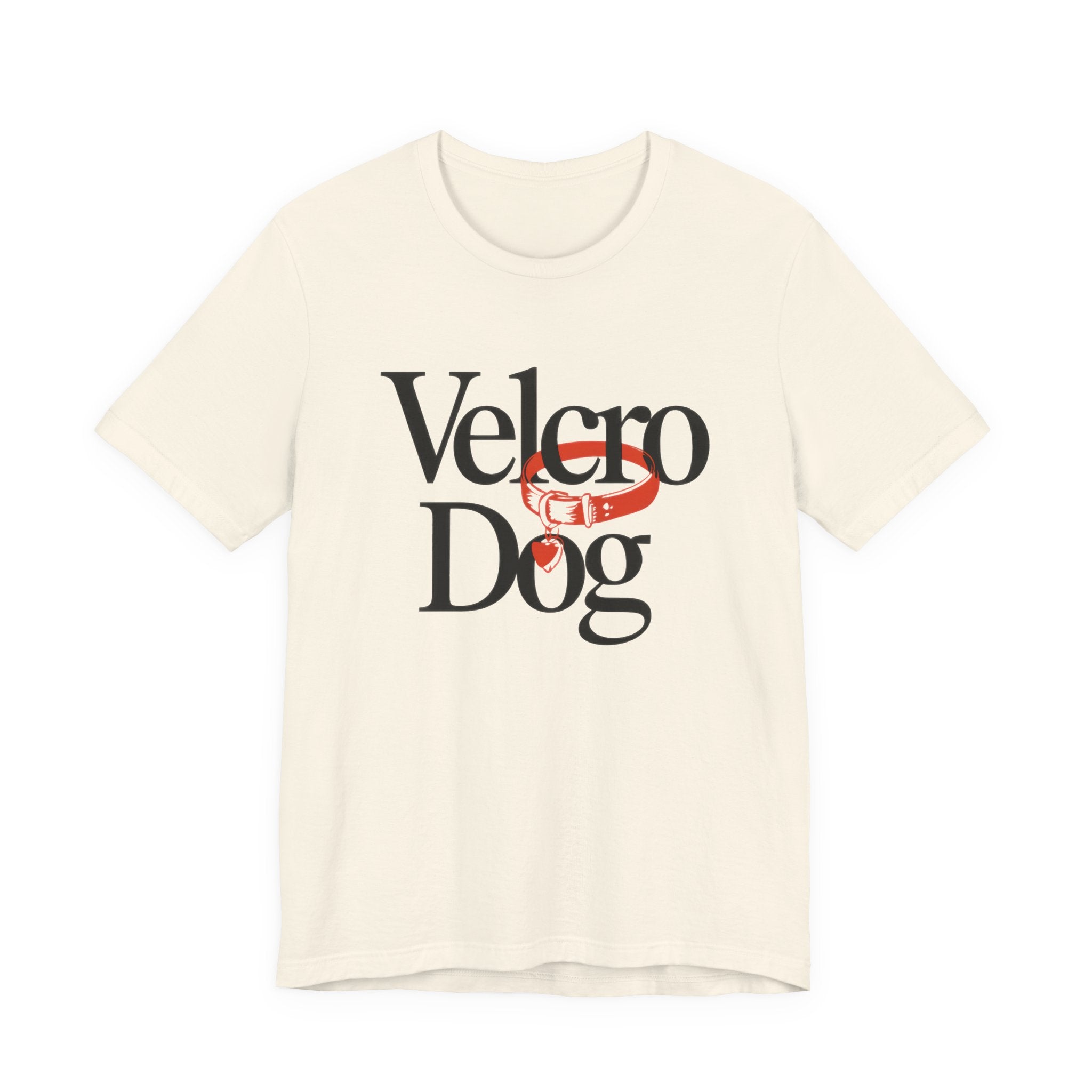 Beige t-shirt with 'Velcro Dog' text and logo on a white background