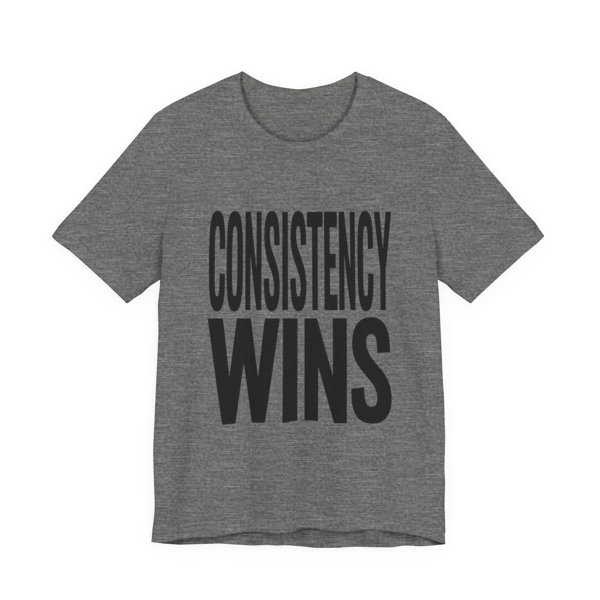 Gray t-shirt with 'CONSISTENCY WINS' text on a white background