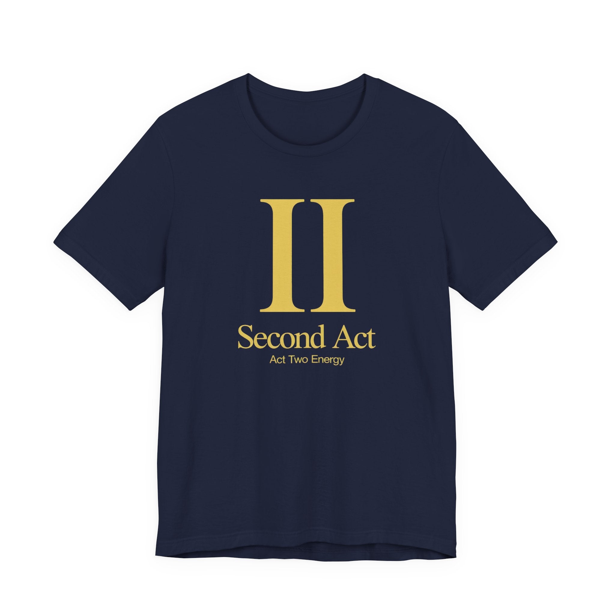 Navy t-shirt with gold 'Second Act' logo on a white background