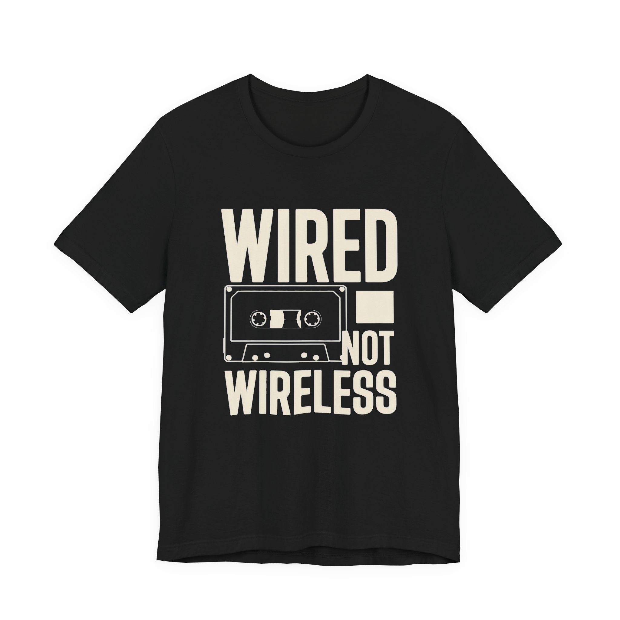 Black t-shirt with 'WIRED NOT WIRELESS' text and cassette tape graphic on a white background