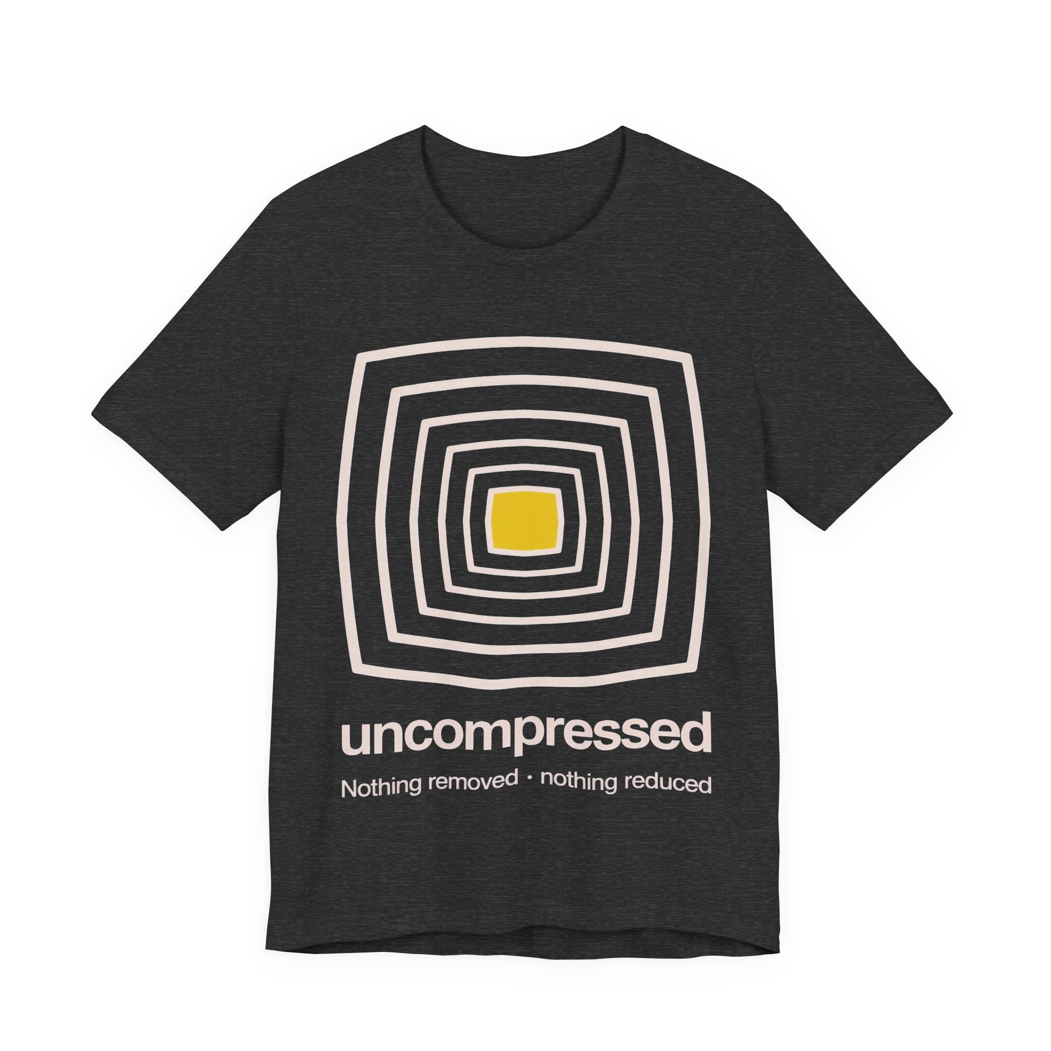 Dark gray t-shirt with geometric design and text 'uncompressed' on a white background