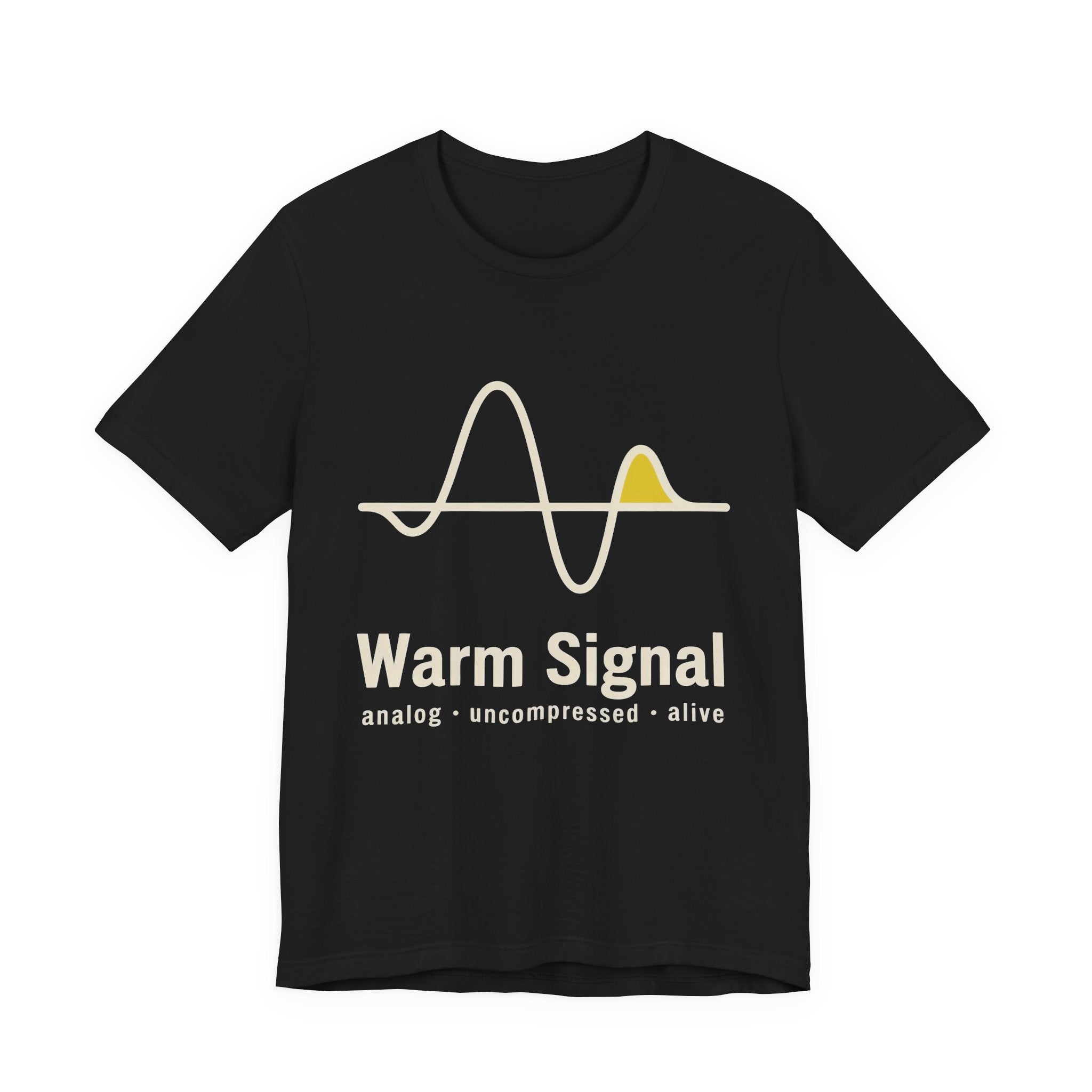 Black t-shirt with a wave design and 'Warm Signal' text on a white background