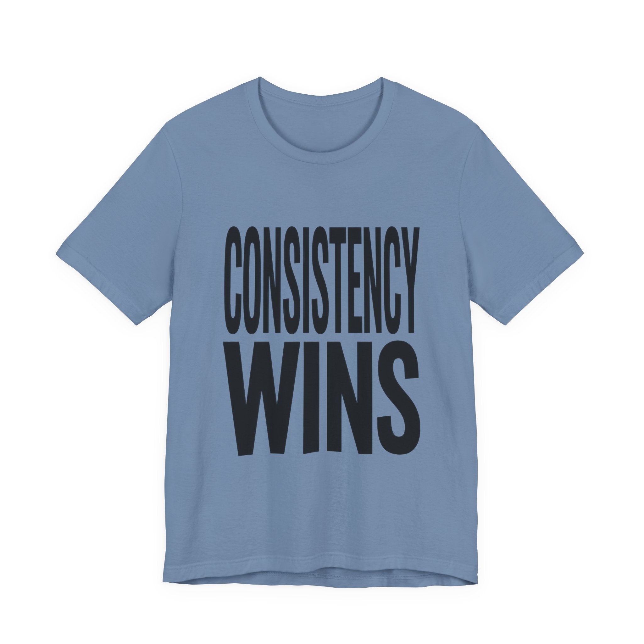 Blue t-shirt with 'CONSISTENCY WINS' text on a white background