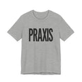 Gray t-shirt with 'PRAXIS' text on a white background