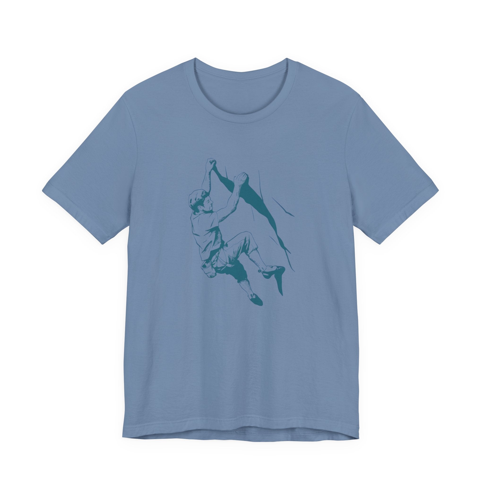 Blue t-shirt with a blue climbing graphic design on a white background