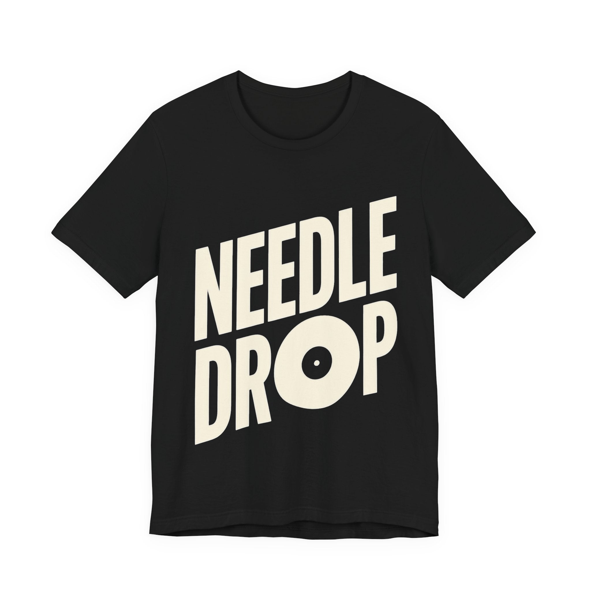 Black t-shirt with 'NEEDLE DROP' text on a white background