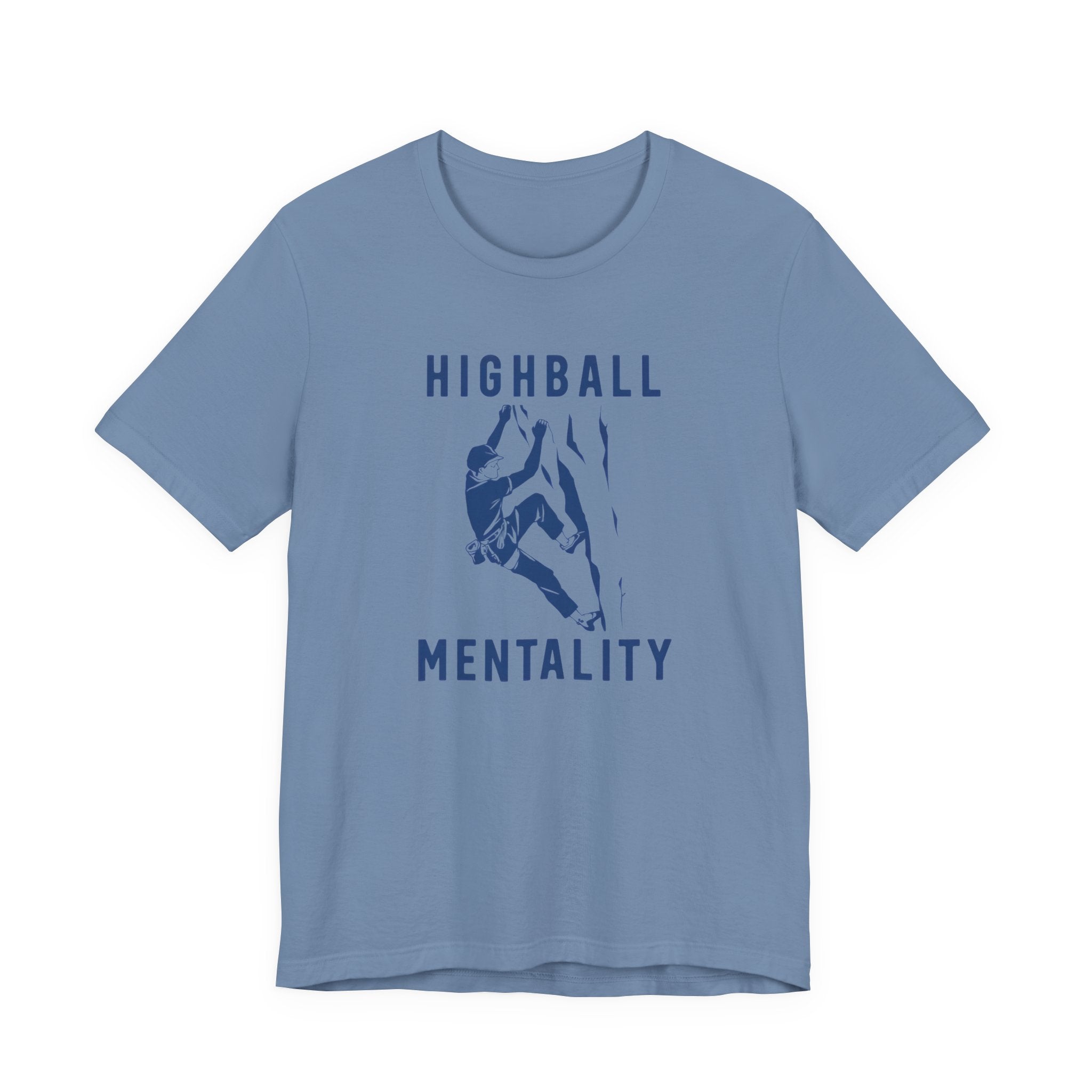 Blue t-shirt with 'Highball Mentality' graphic on a white background