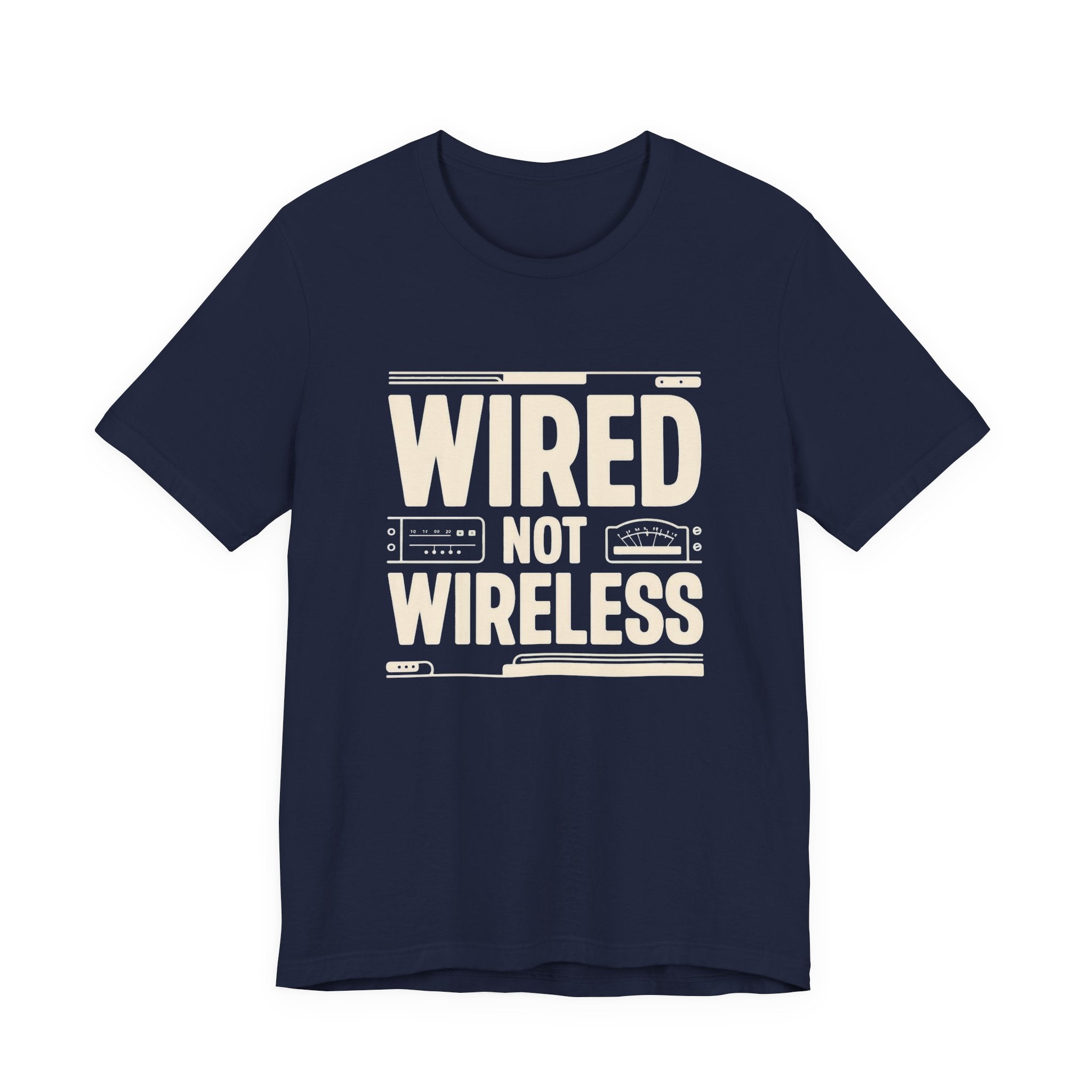 Navy blue t-shirt with 'WIRED NOT WIRELESS' text on a white background