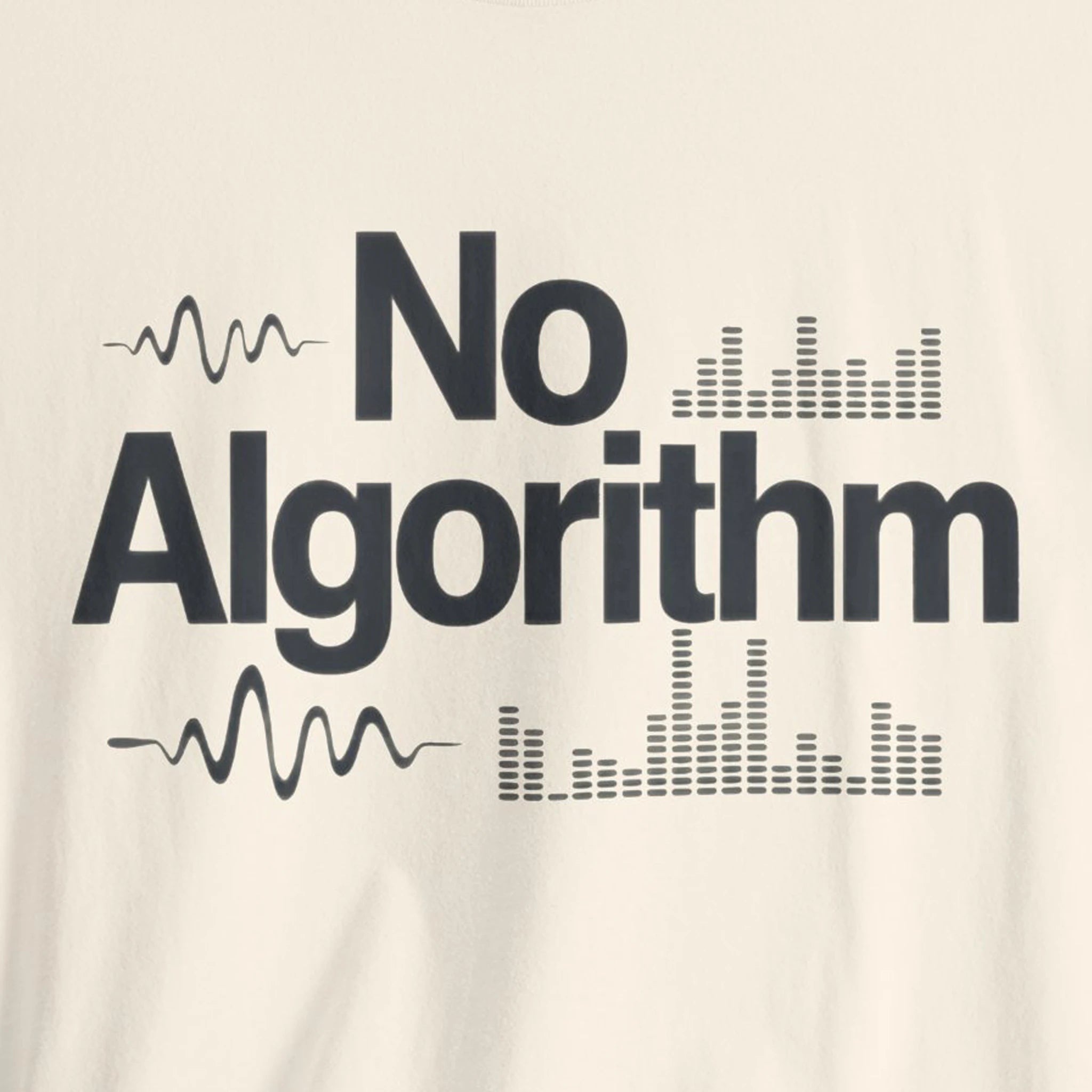 Text 'No Algorithm' on a beige background with sound wave graphics.