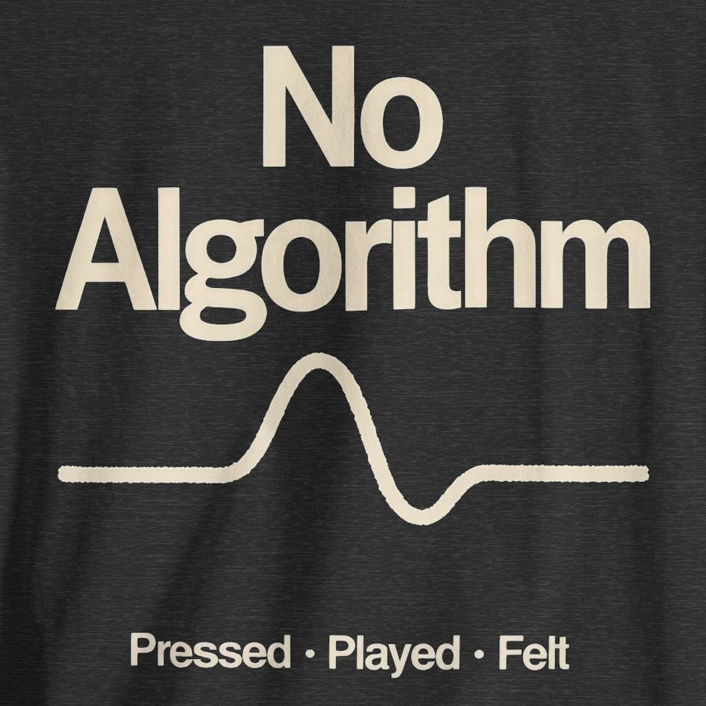 Black t-shirt with 'No Algorithm' text and a wavy line design on a dark background