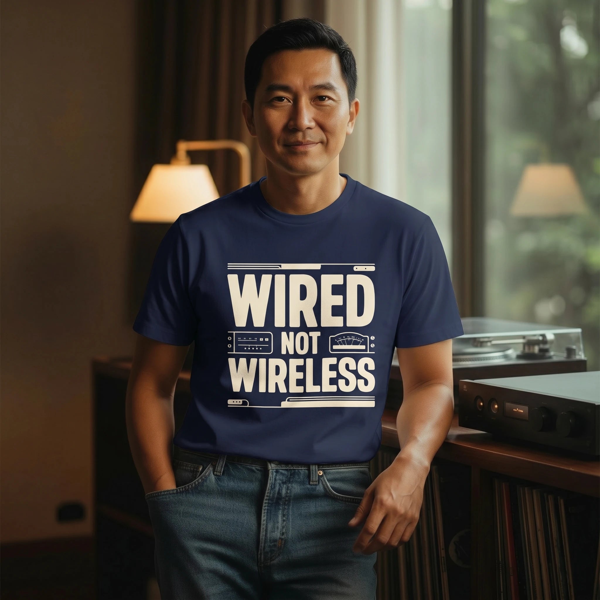 Man wearing a navy blue t-shirt with 'WIRED NOT WIRELESS' text in a room with a lamp and window.