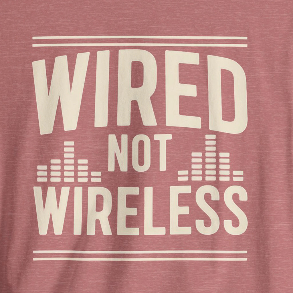 Red t-shirt with 'WIRED NOT WIRELESS' text 