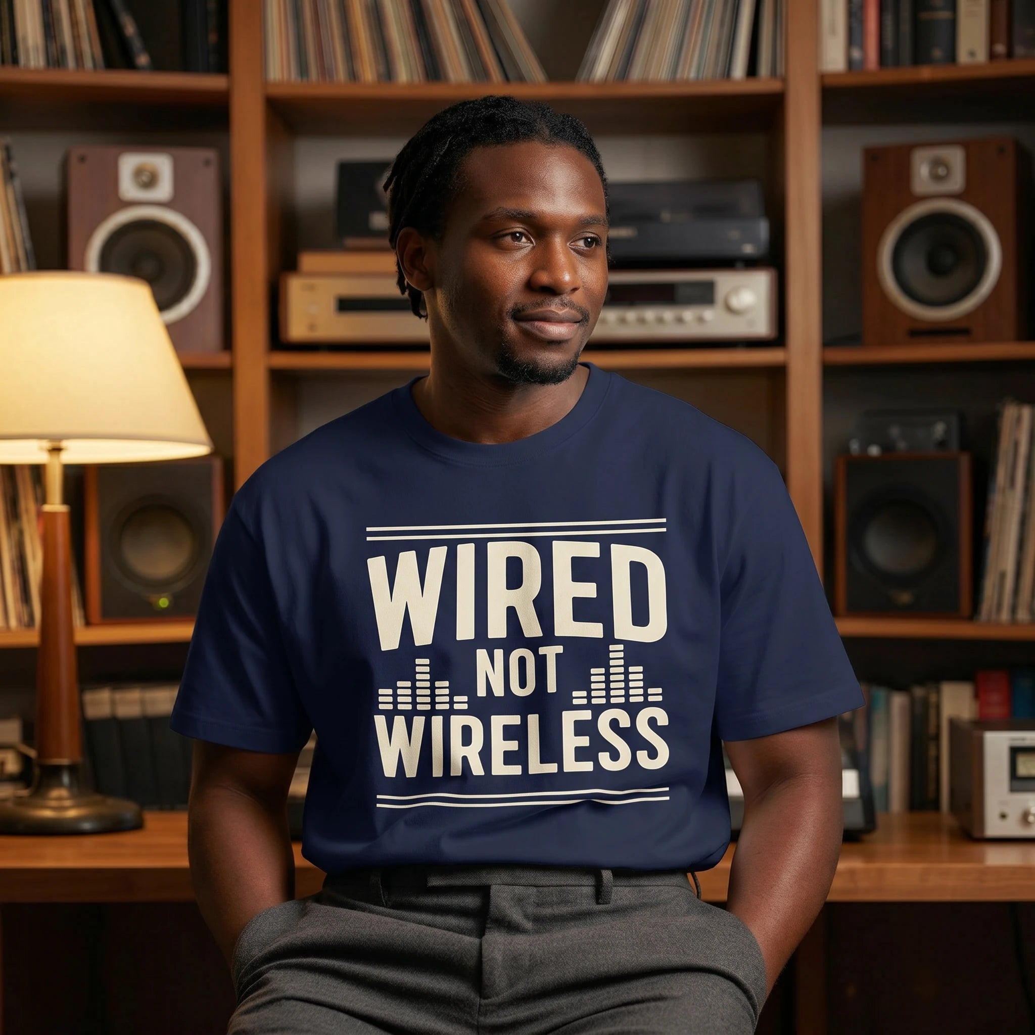 Man wearing a navy blue t-shirt with 'WIRED NOT WIRELESS' text in a room with bookshelves and audio equipment.