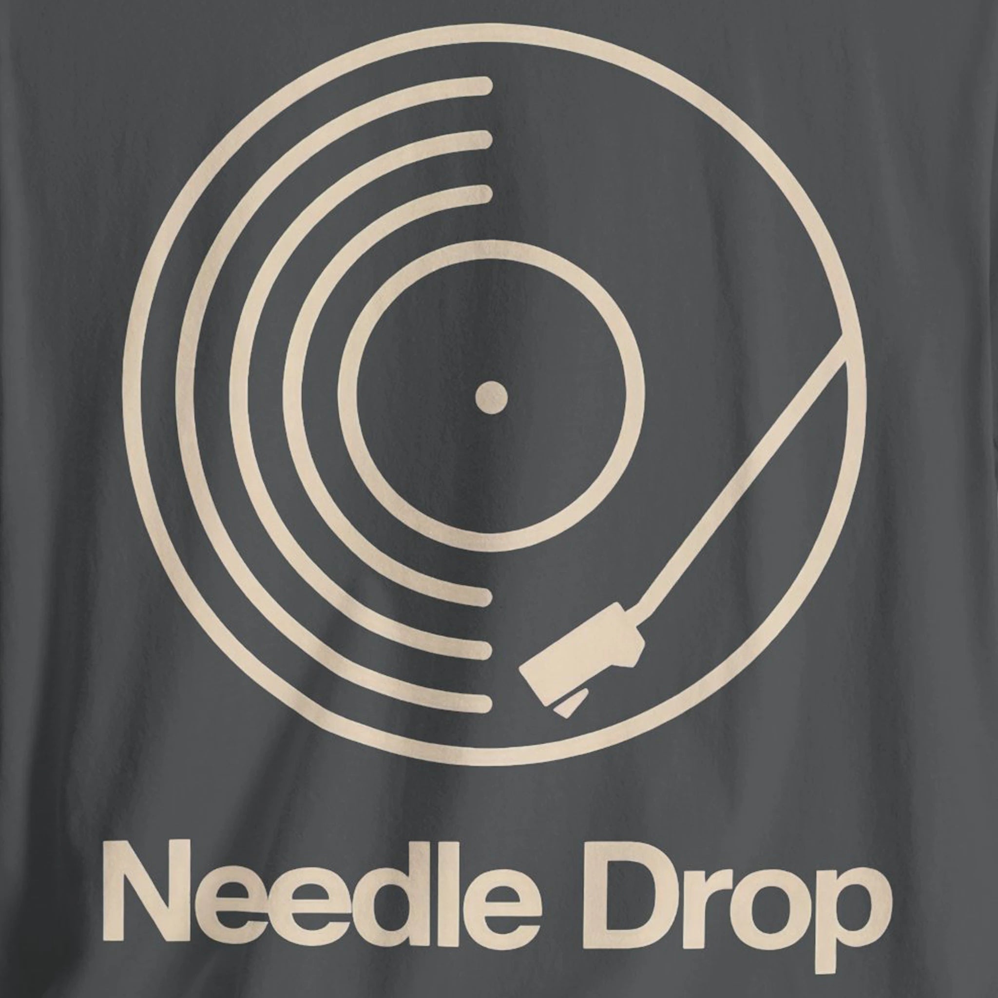 Gray t-shirt with 'Needle Drop' graphic design featuring a record player and record.