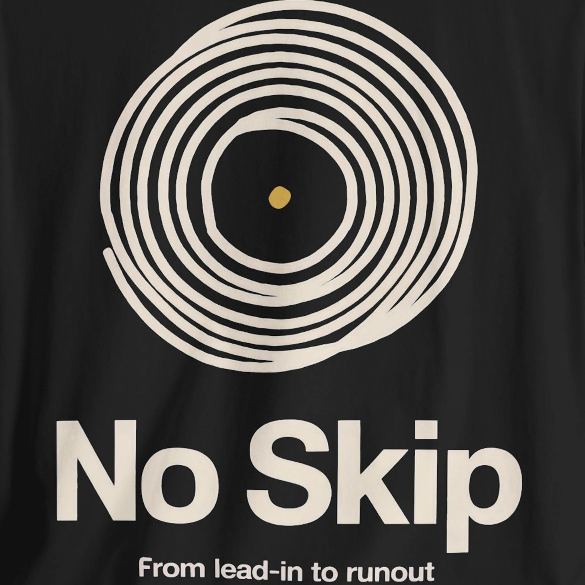 Black t-shirt with white concentric circle design and 'No Skip' text on a black background