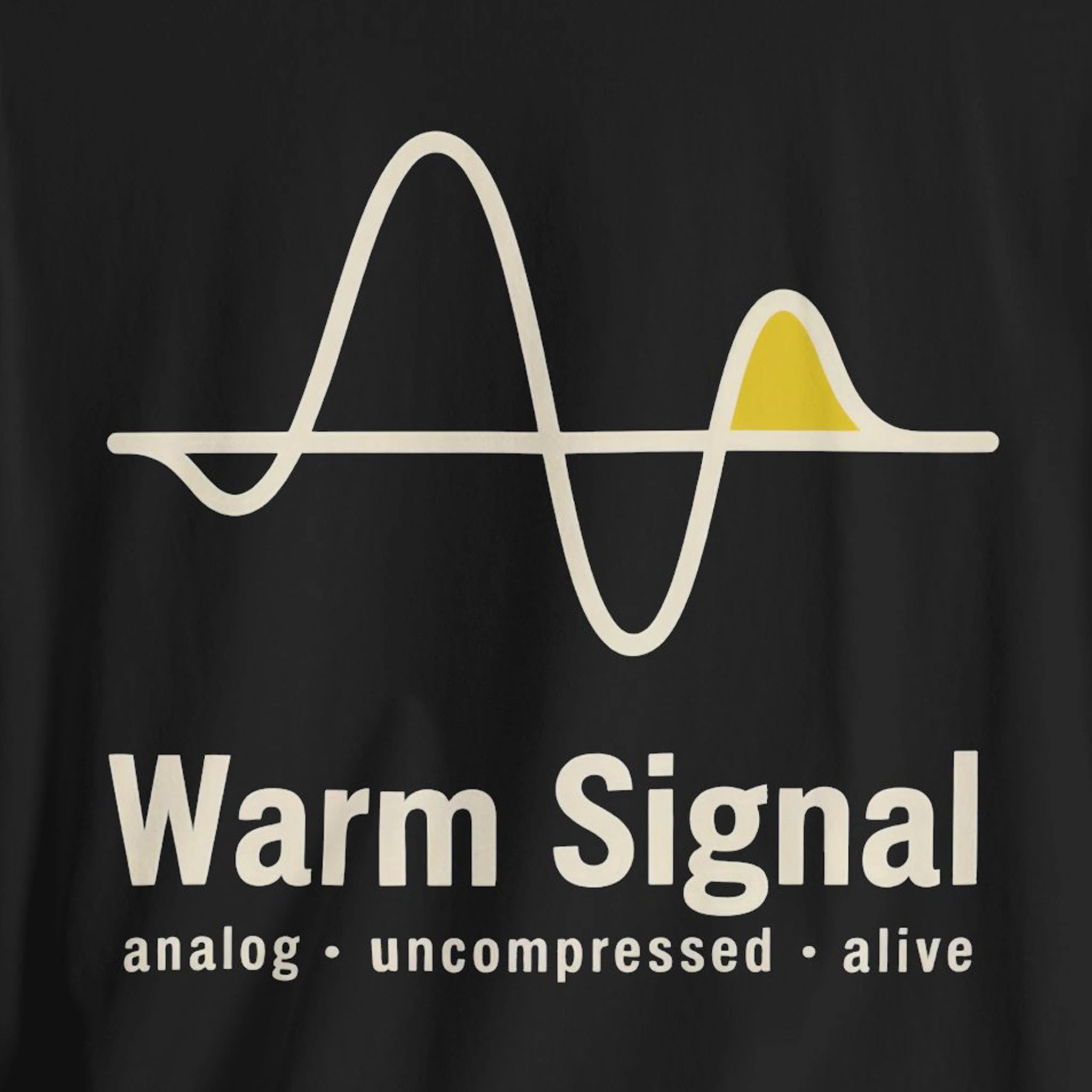 Black t-shirt with a wave design and 'Warm Signal' text on a black background
