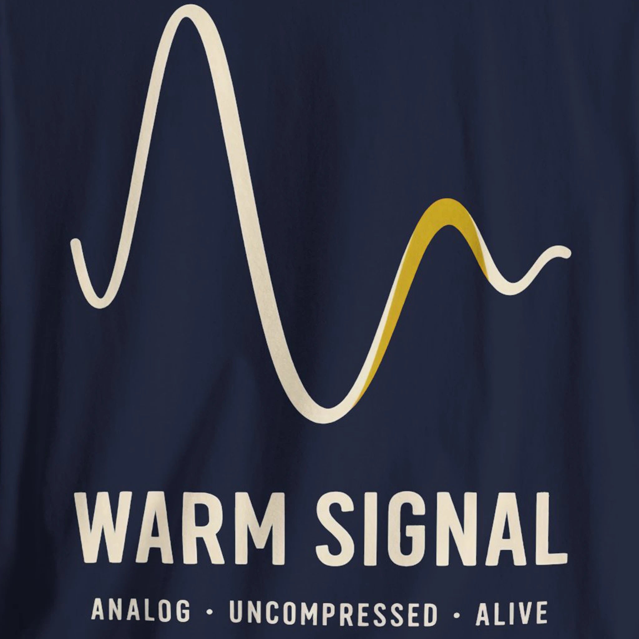 Navy blue shirt with 'Warm Signal' graphic design featuring waveforms and text.