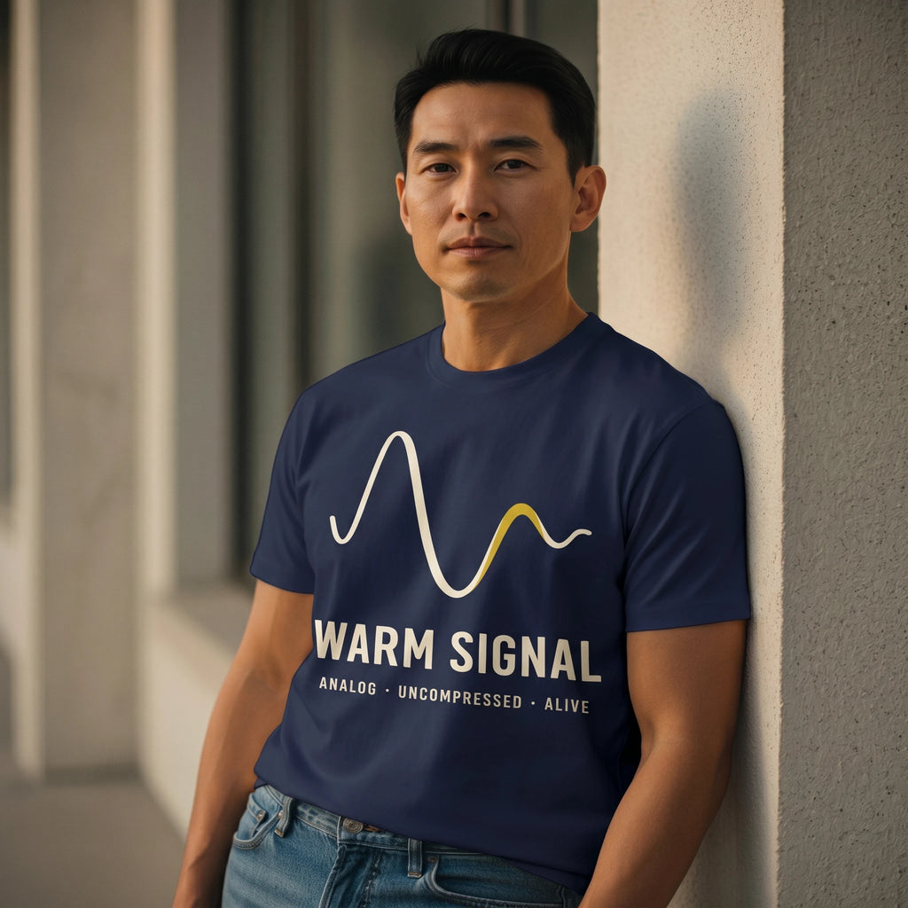 Man wearing a navy blue t-shirt with 'WARM SIGNAL' design leaning against a wall.