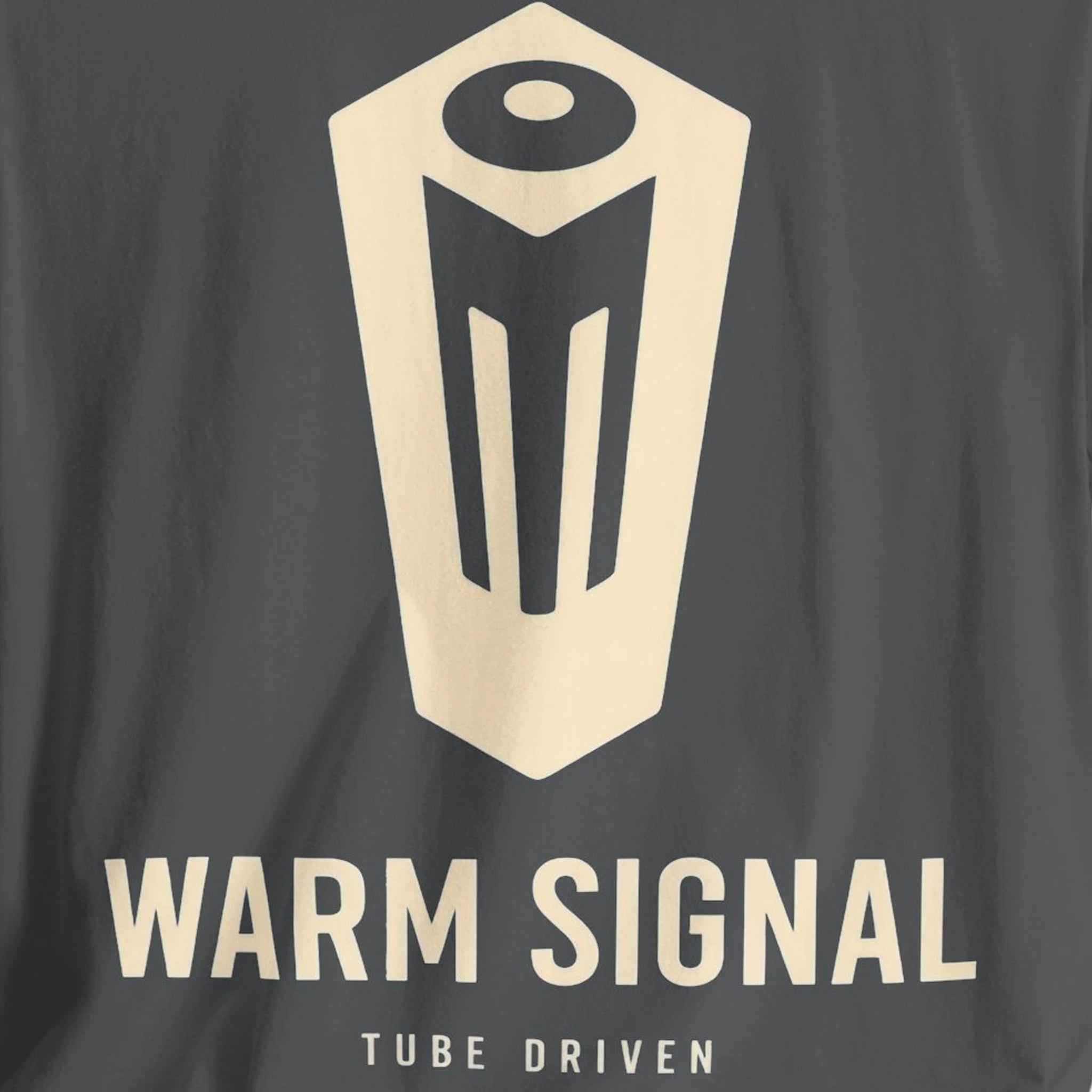 Gray t-shirt with beige logo and text 'Warm Signal' on a black background