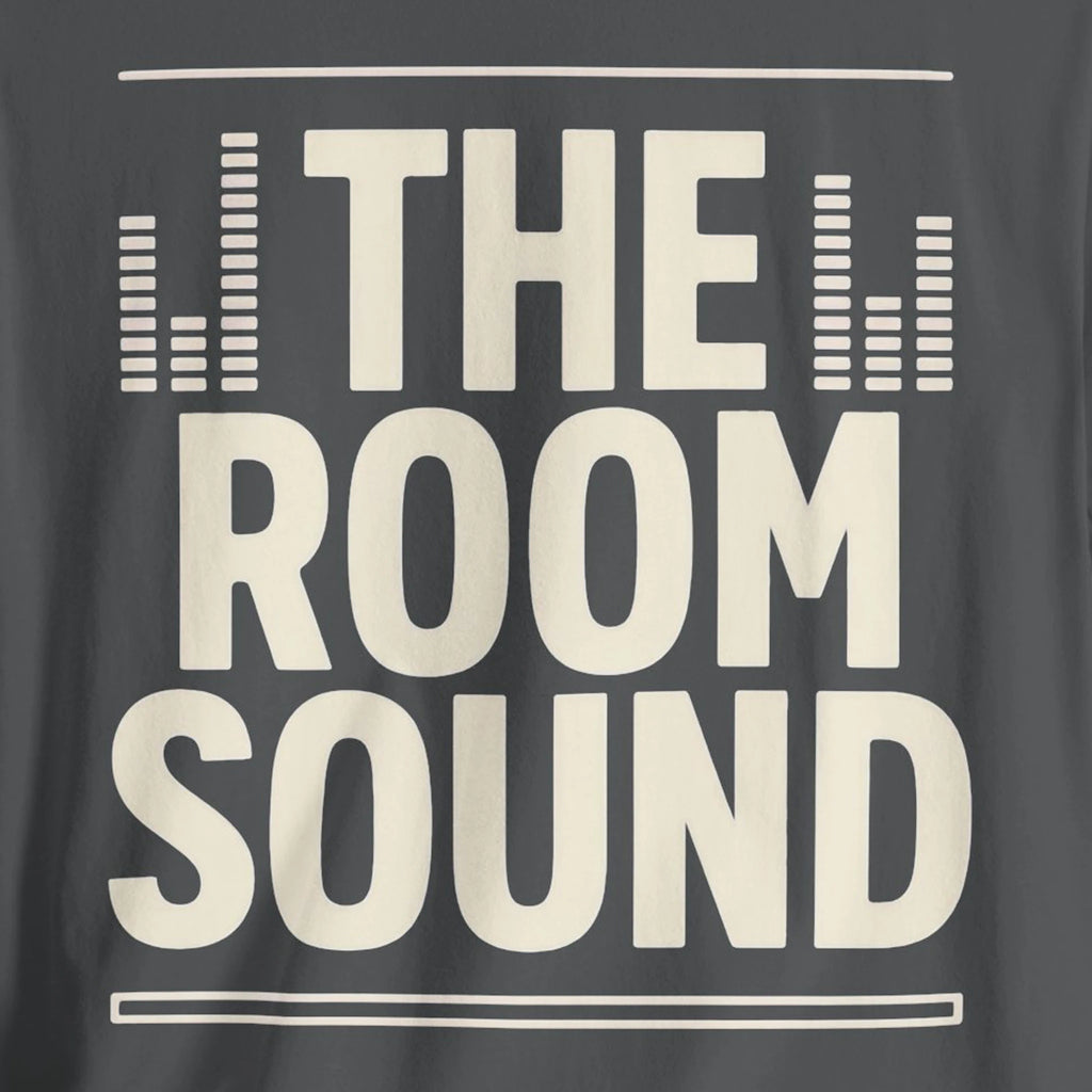 Gray t-shirt with 'The Room Sound' text design on a dark background