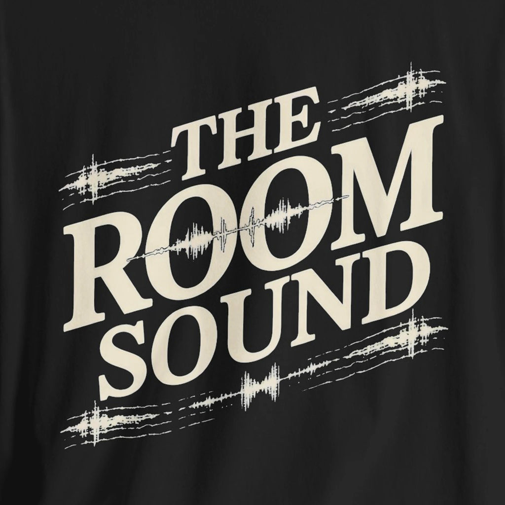 Black t-shirt with 'The Room Sound' text design on a black background