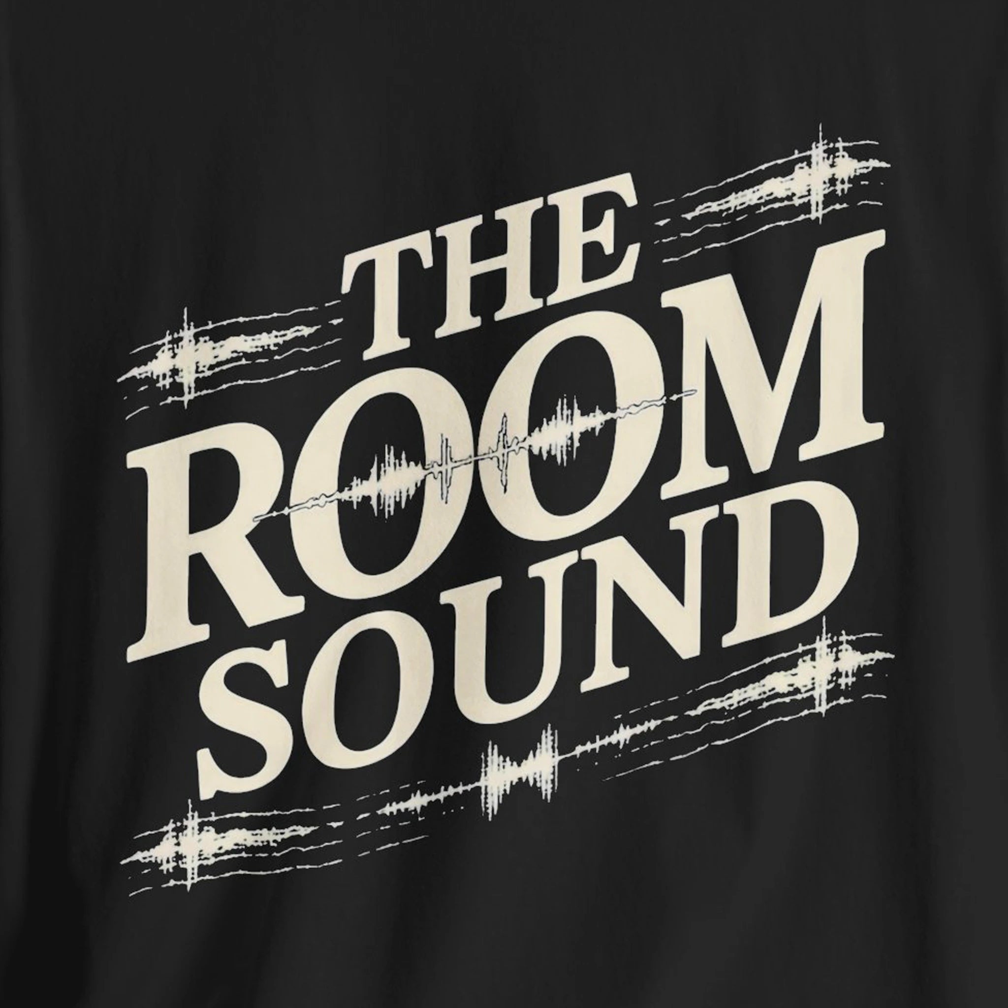Black t-shirt with 'The Room Sound' text design on a black background