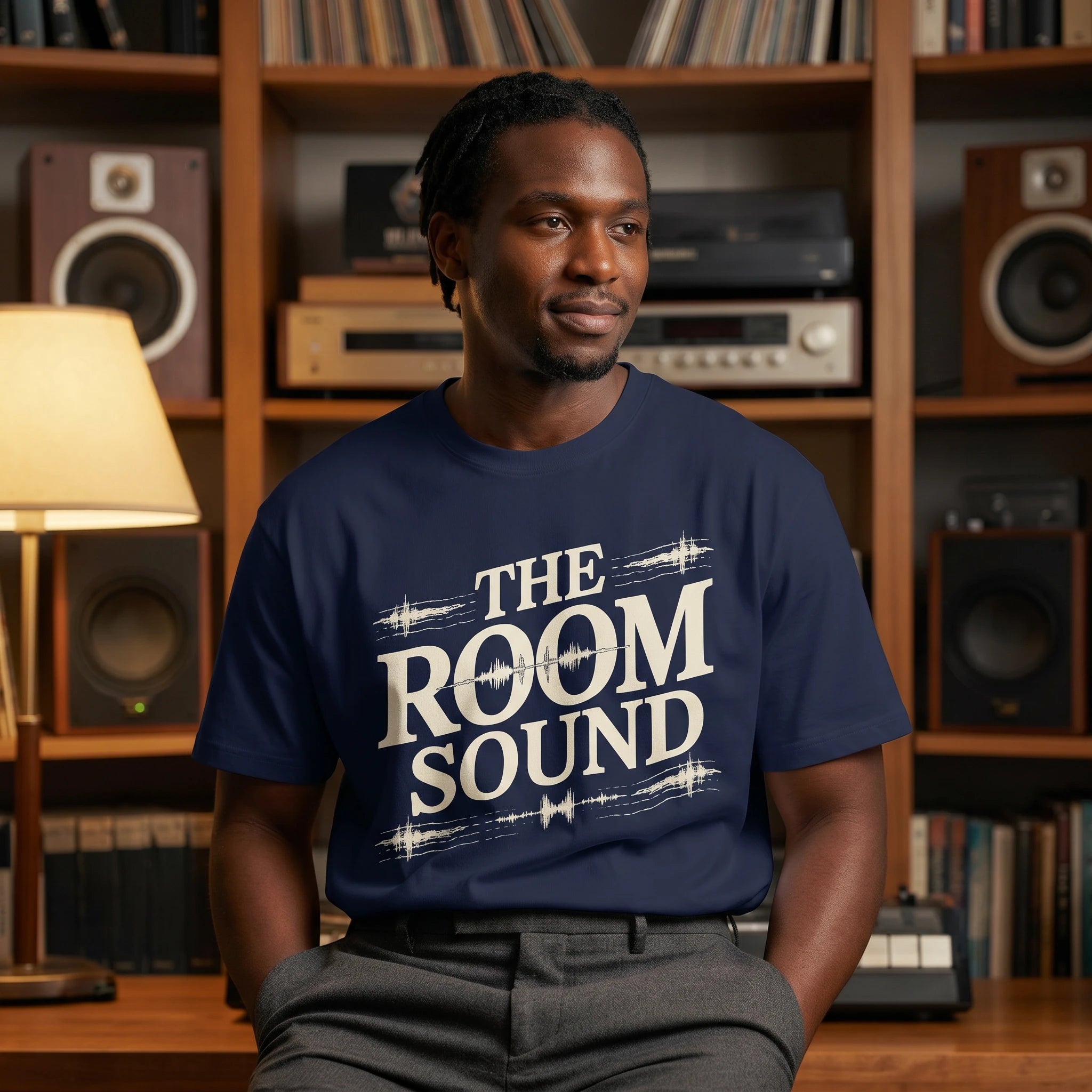 Man wearing a navy blue t-shirt with 'The Room Sound' text in a home studio setting.