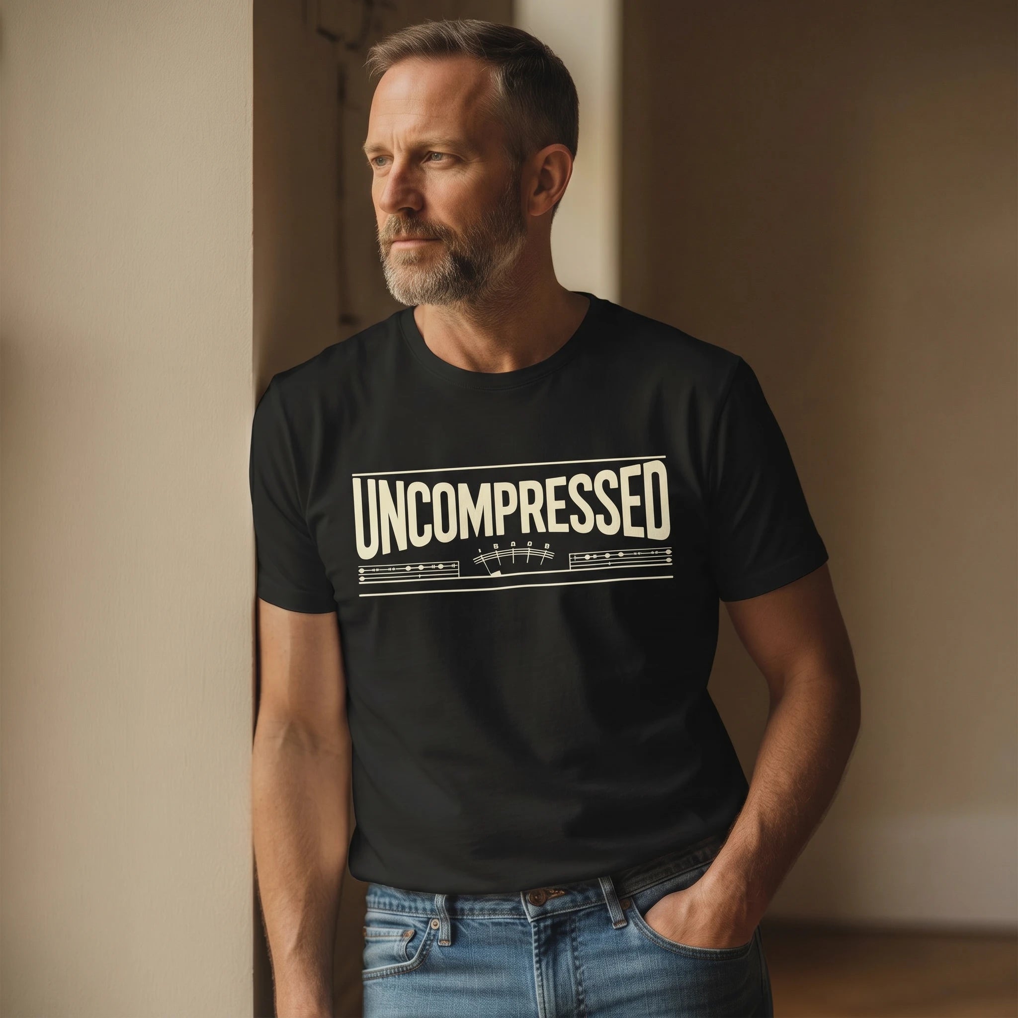 Man wearing a black t-shirt with 'UNCOMPRESSED' text, standing against a neutral wall.