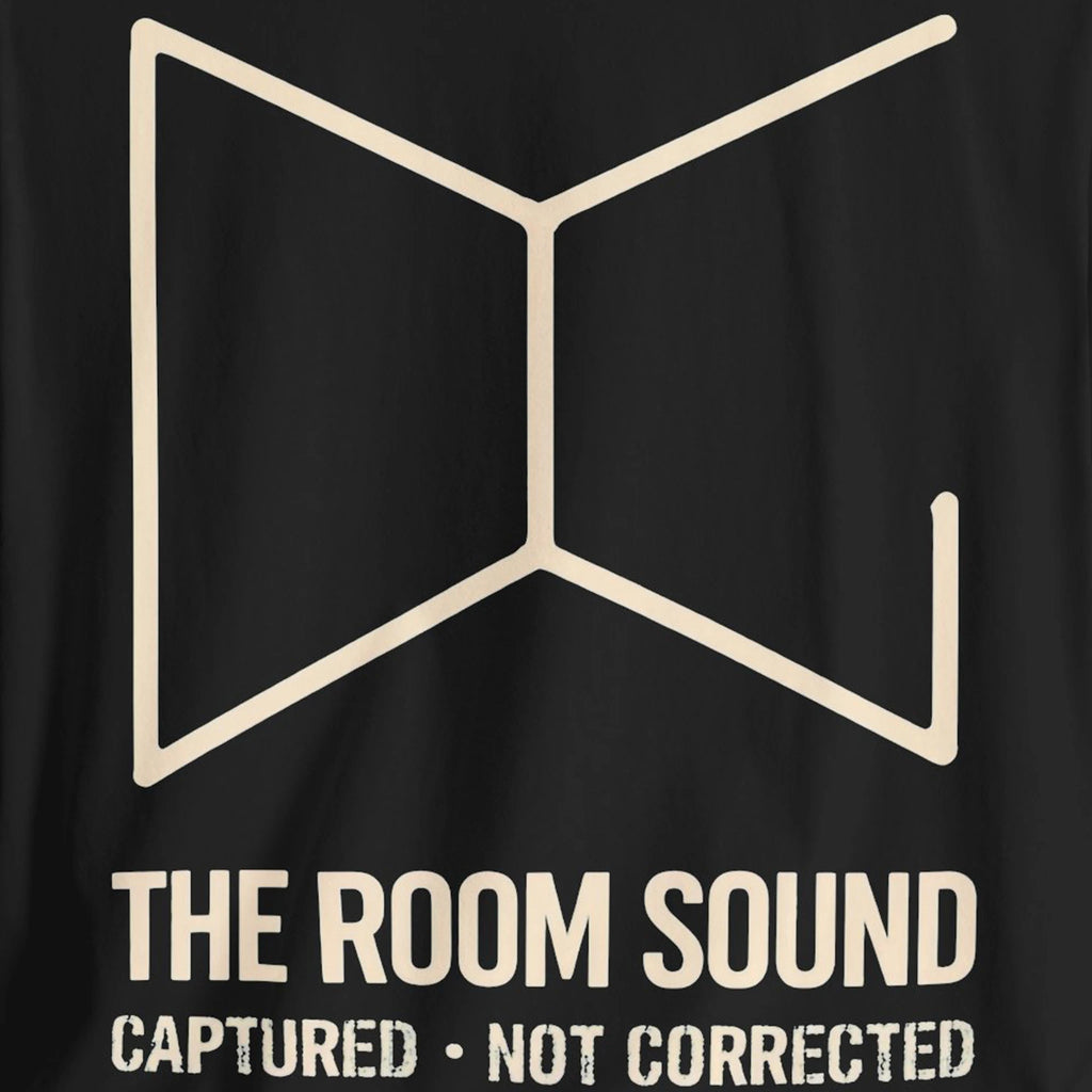 Black t-shirt with a white geometric design and 'The Room Sound' text on a black background