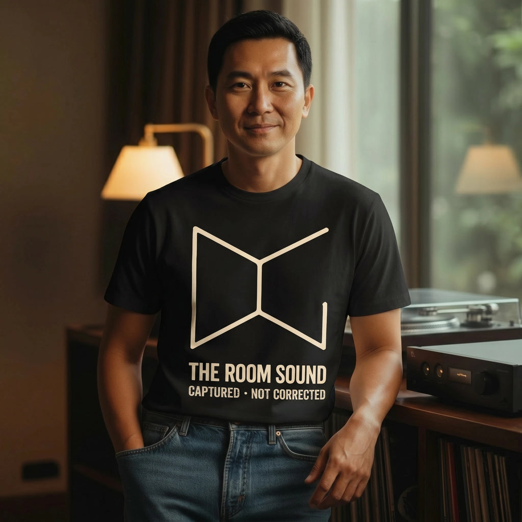 Man wearing a black t-shirt with 'The Room Sound' text standing in a room with a record player.